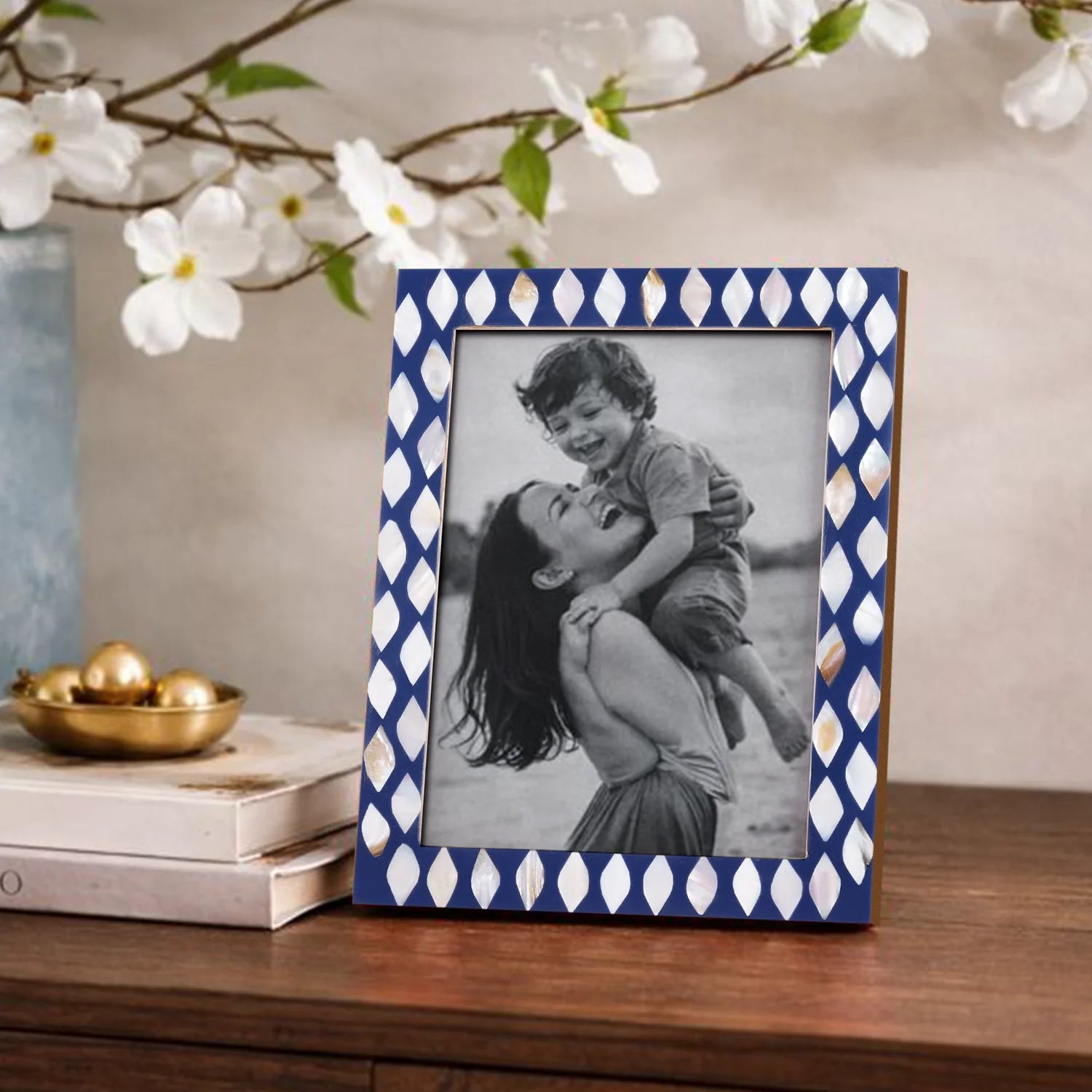 Handcrafted Drops Design Bone Inlay Blue & White Frame - 3 sizes
