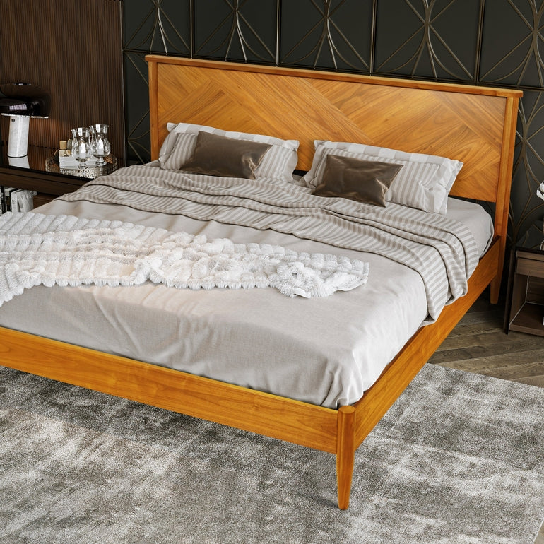 Panthera Acacia Platform Bed Frame With Headboard - Caramel, Walnut