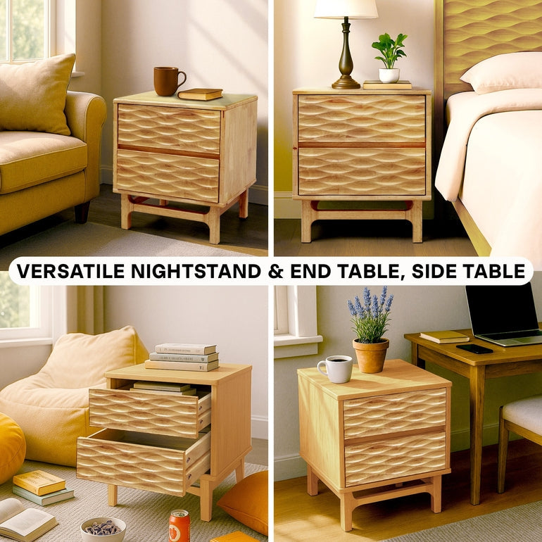 Elara Acacia Nightstand with 2 Drawers - Walnut, Caramel, Oak