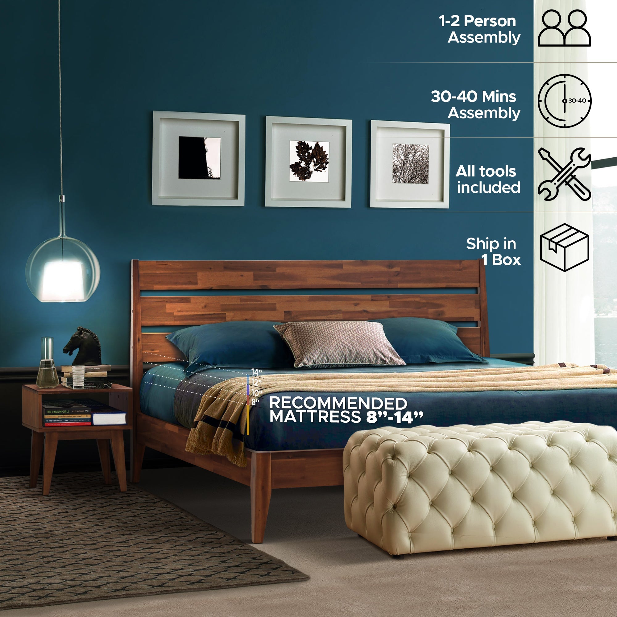 Emery Bed Frame & Nightstand Set - Acacia Solid Wood in Walnut, or Americano