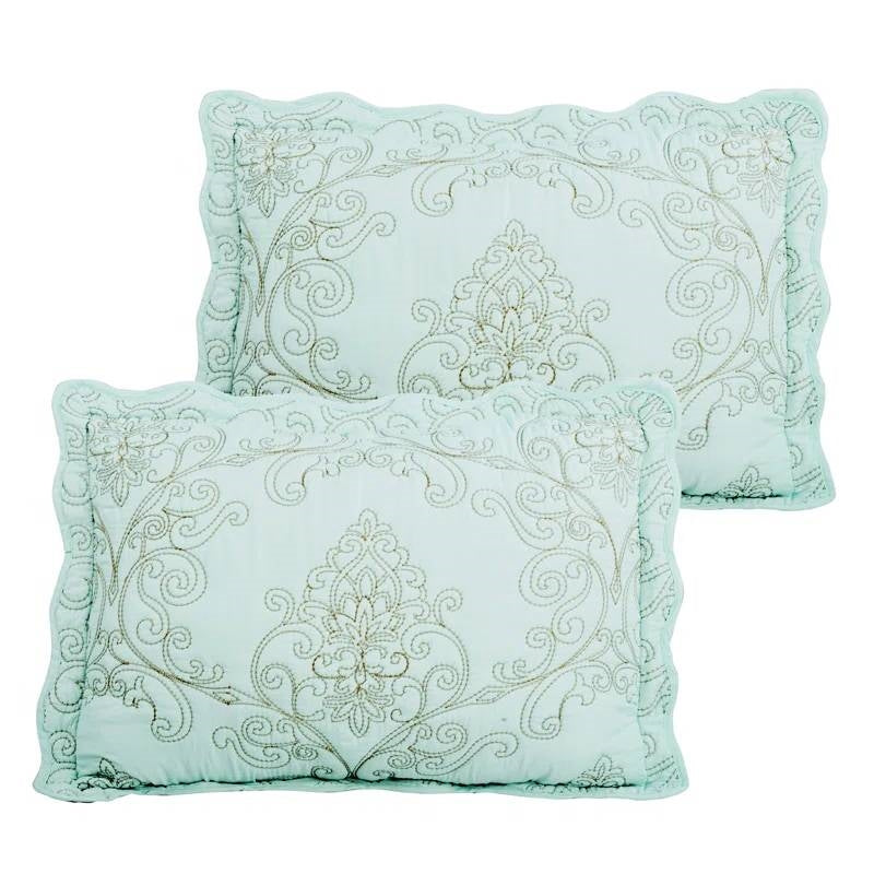 Light Blue Damask Embroidered 4 Piece Oversized Bedspread Set - Queen