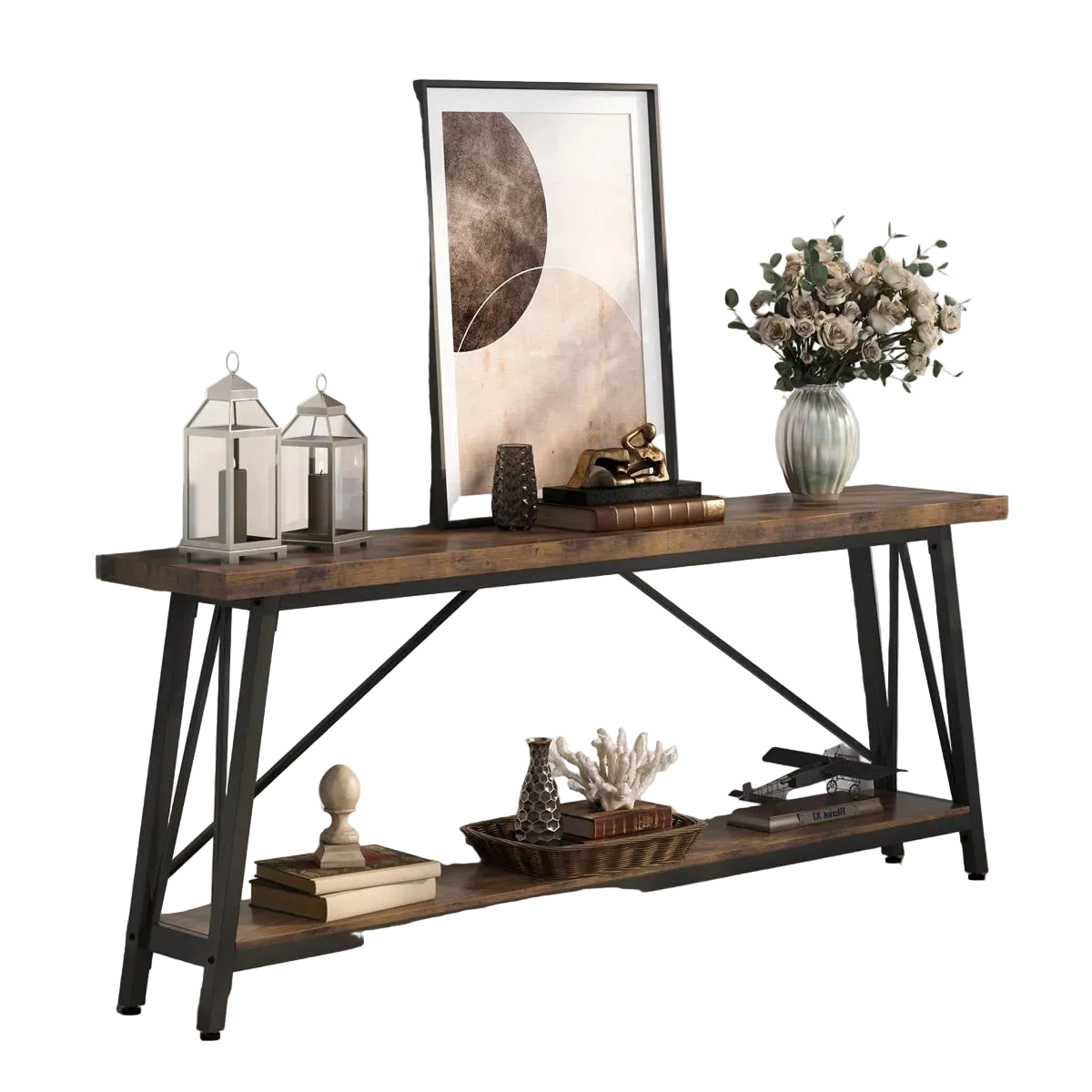 Sturdy 70-inch Industrial Barn Wood Console Table with Black Metal Frame