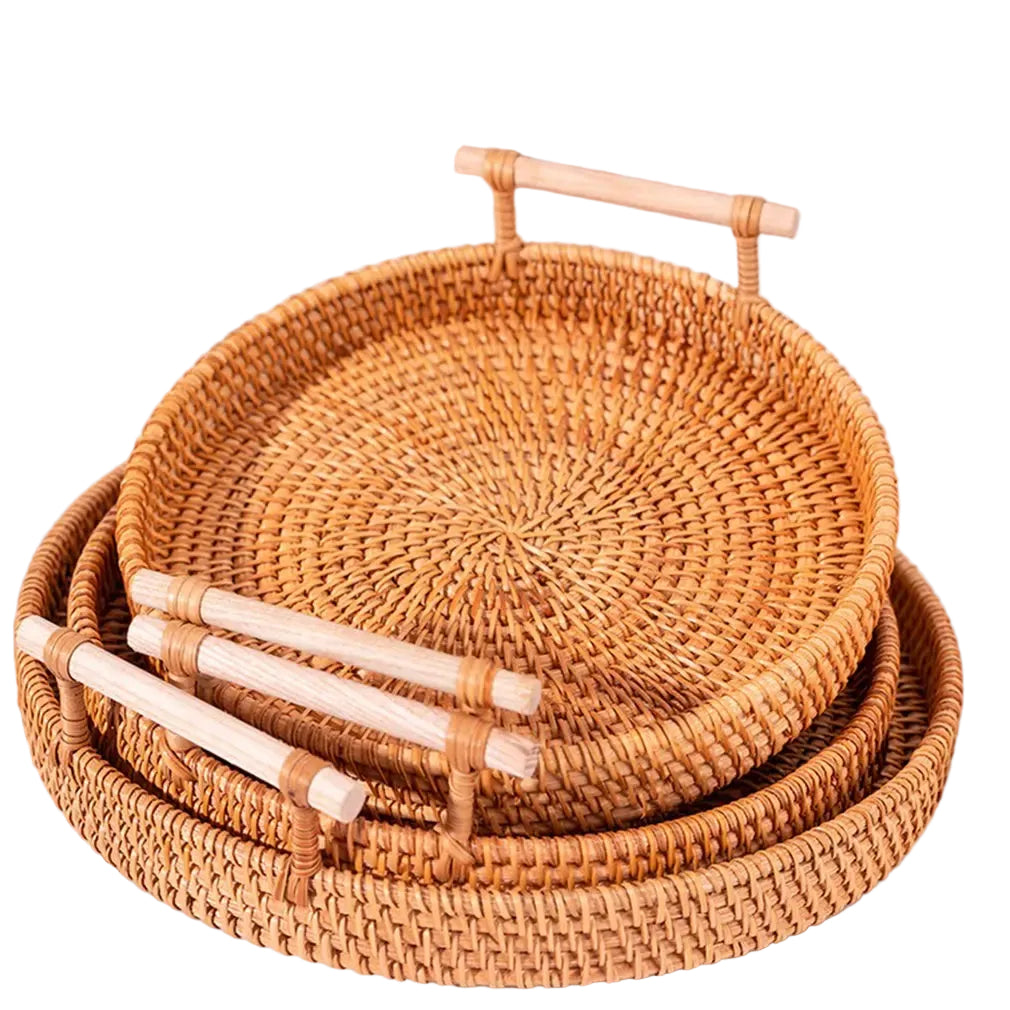 Handwoven Rattan Tray With Wooden Handles - 3 Sizes