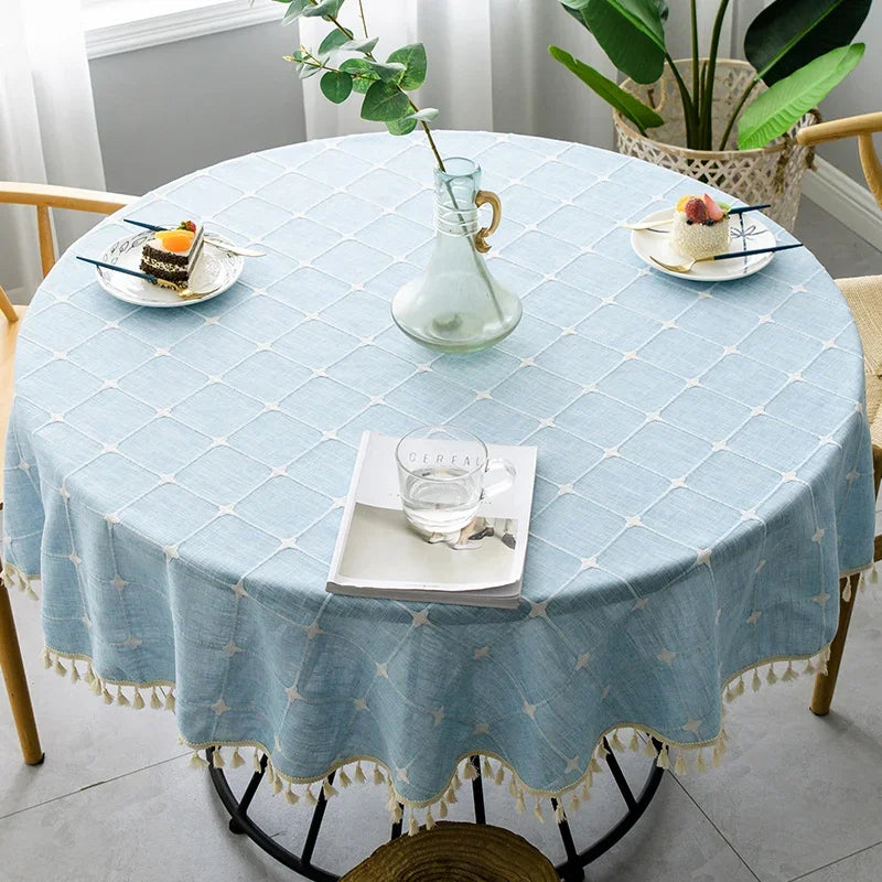 Tasselled Linen Tablecloth with Grid Design - Round, 4 Colors