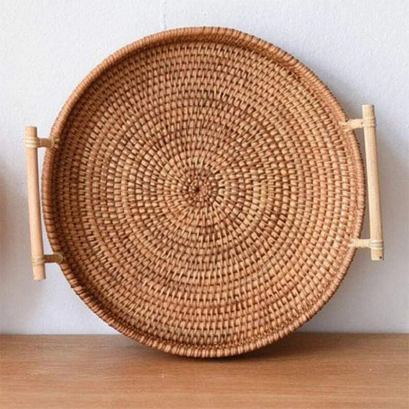 Handwoven Rattan Tray With Wooden Handles - 3 Sizes