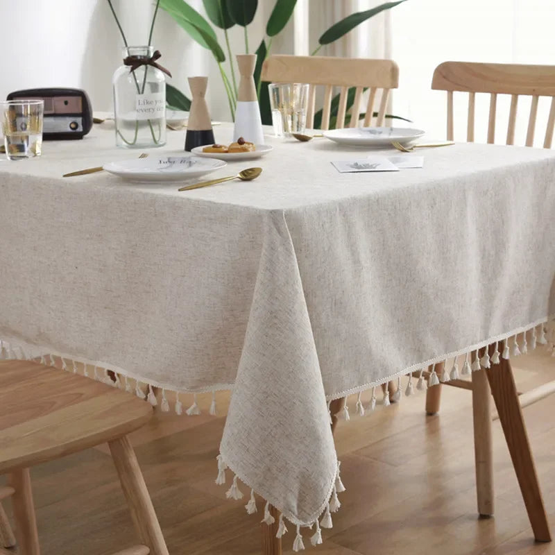 Cotton Linen Tablecloth with Ruffled, Straight, Or Tasseled Edge - Cream