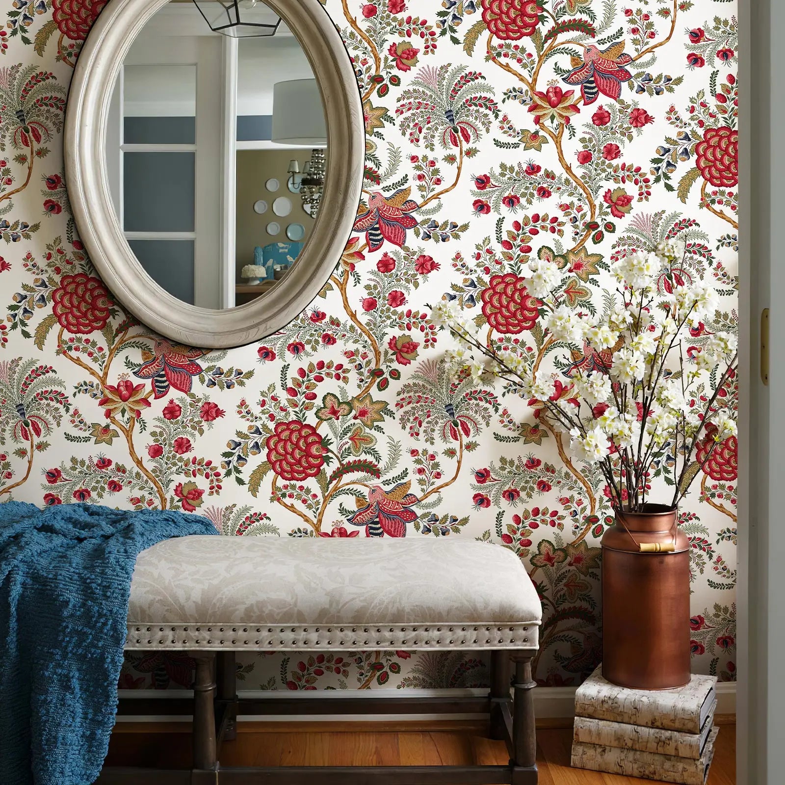 Vintage Floral Peel & Stick Wallpaper in Red