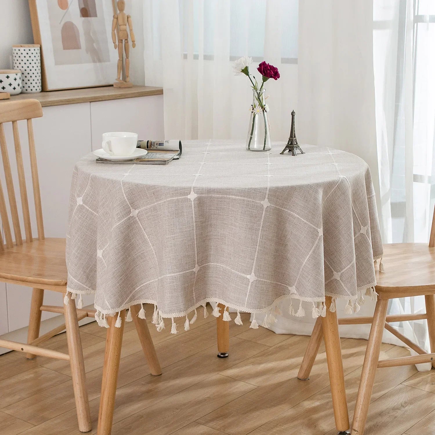 Embroidered Lattice Cotton/Linen Table Cloths - Natural, Sky Blue, Light Gray
