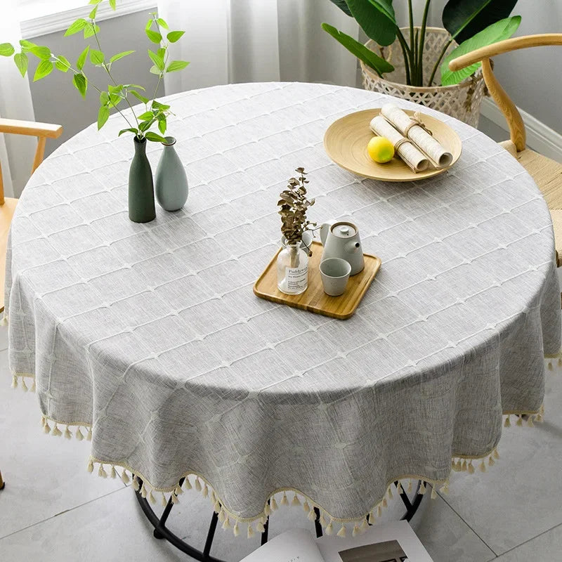 Embroidered Lattice Cotton/Linen Table Cloths - Natural, Sky Blue, Light Gray