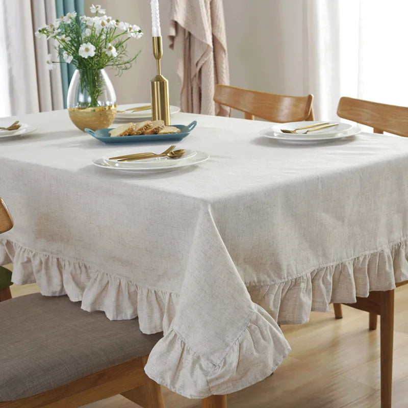 Cotton Linen Tablecloth with Ruffled, Straight, Or Tasseled Edge - Cream