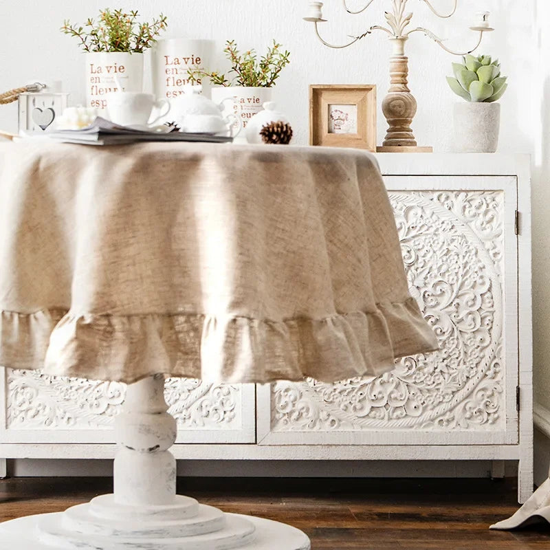 French Country Ruffled Linen Tablecloth - Round