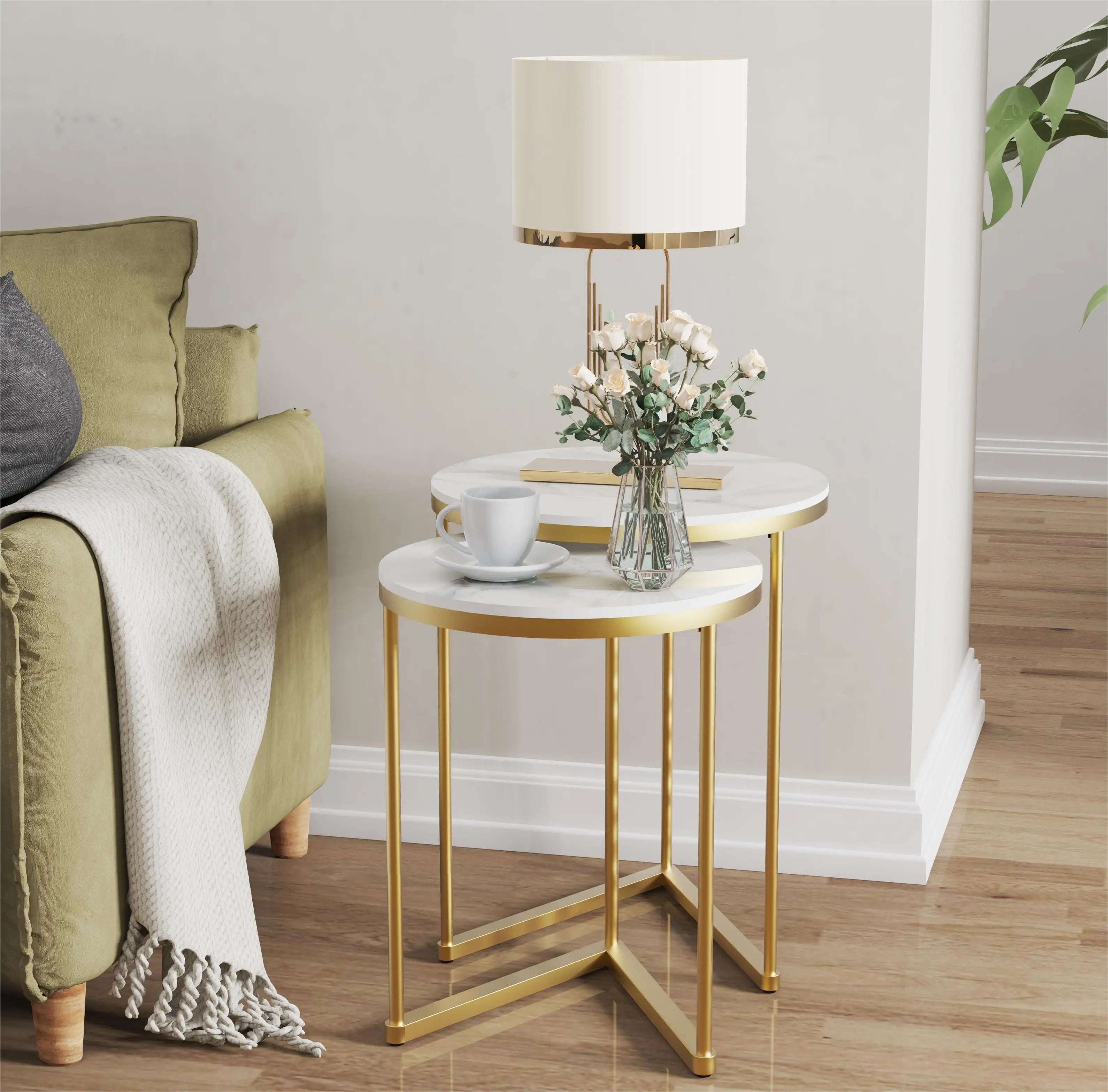Set of 2 Round Nesting Tables - Gold & Marble