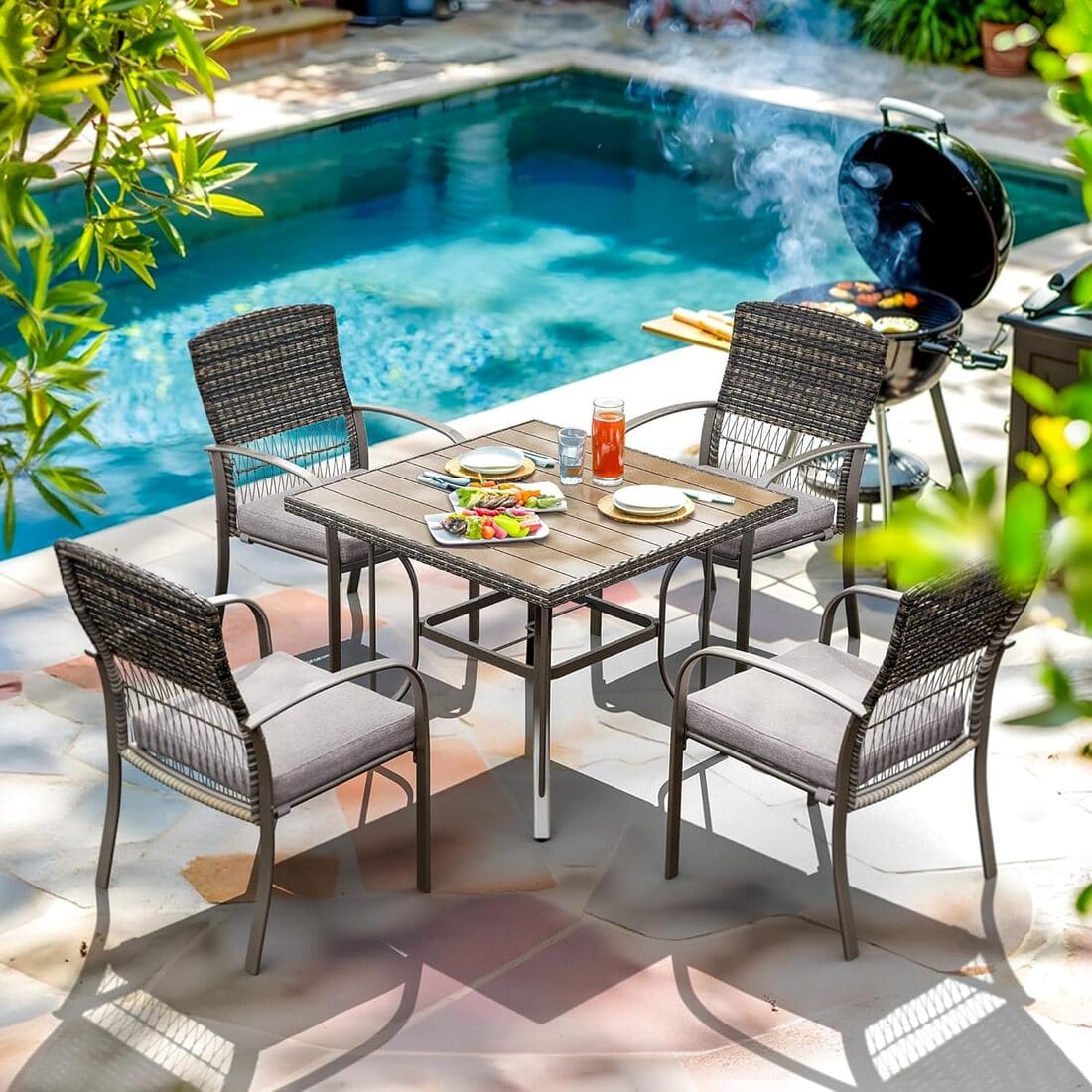 Outdoor Dining Set for 4 with Iron Frame & Rattan Backrest - 4 Colors