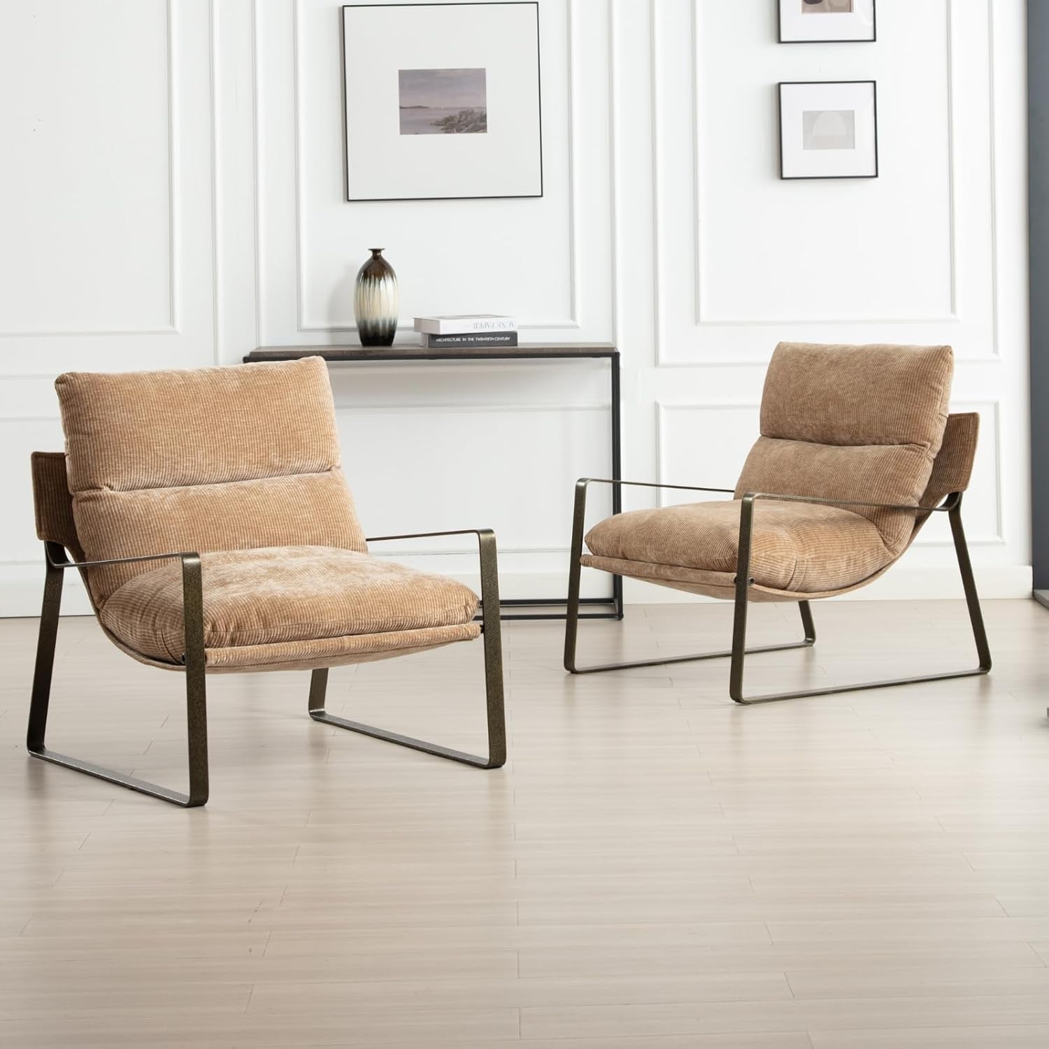 Chenille Cushion Accent Chair With Armrests in Khaki