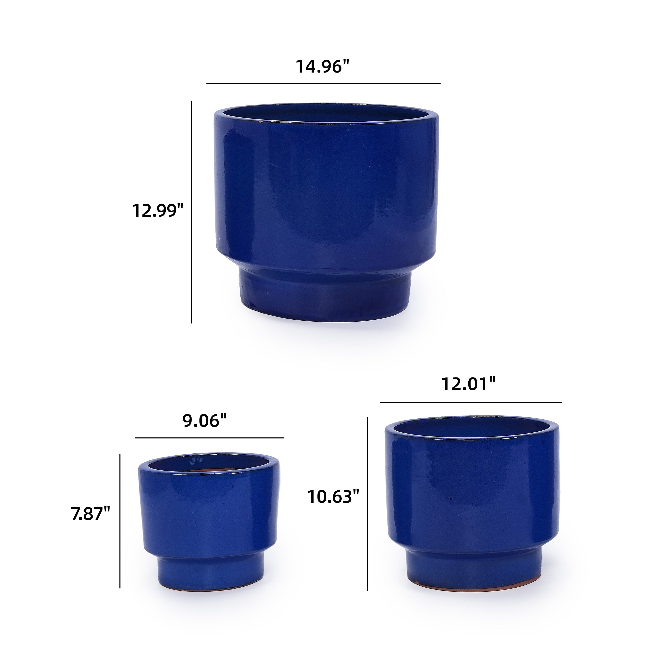 Set of 3 Ceramic Flower Pots - Blue