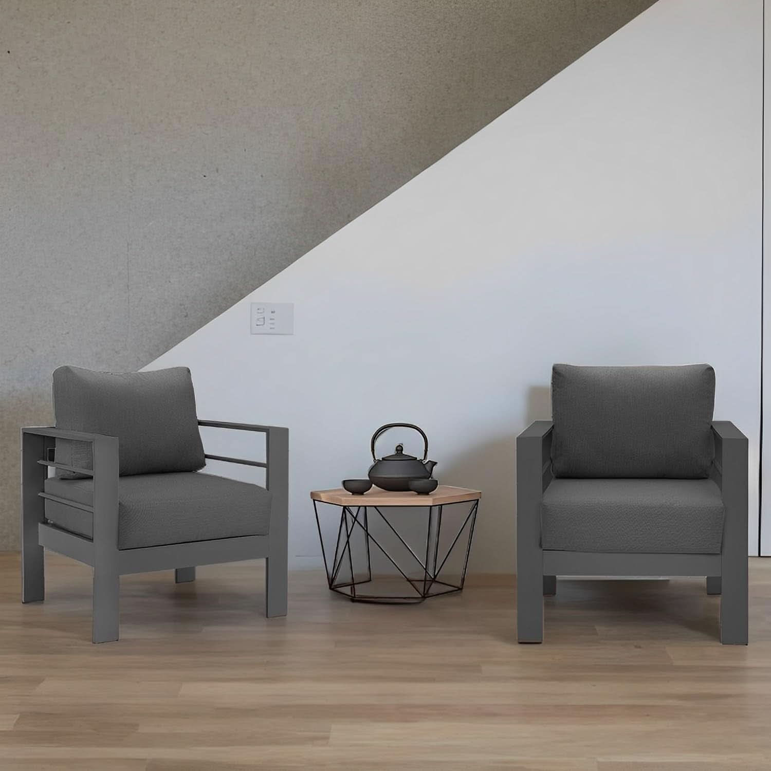 Weather Resistant Metal Armchair Set with Cushions - Dark Gray