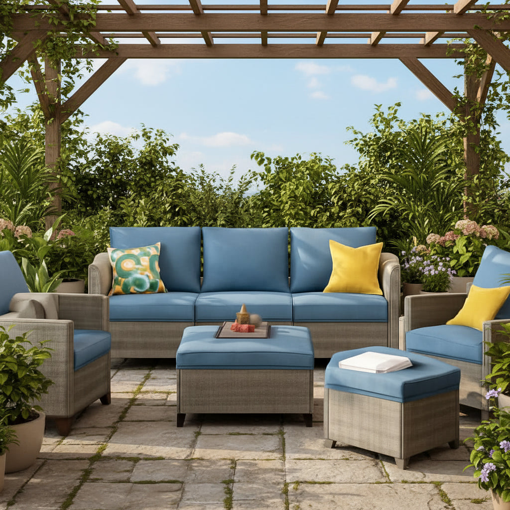 Five Piece Outdoor Wicker Conversation Set in Denim Blue