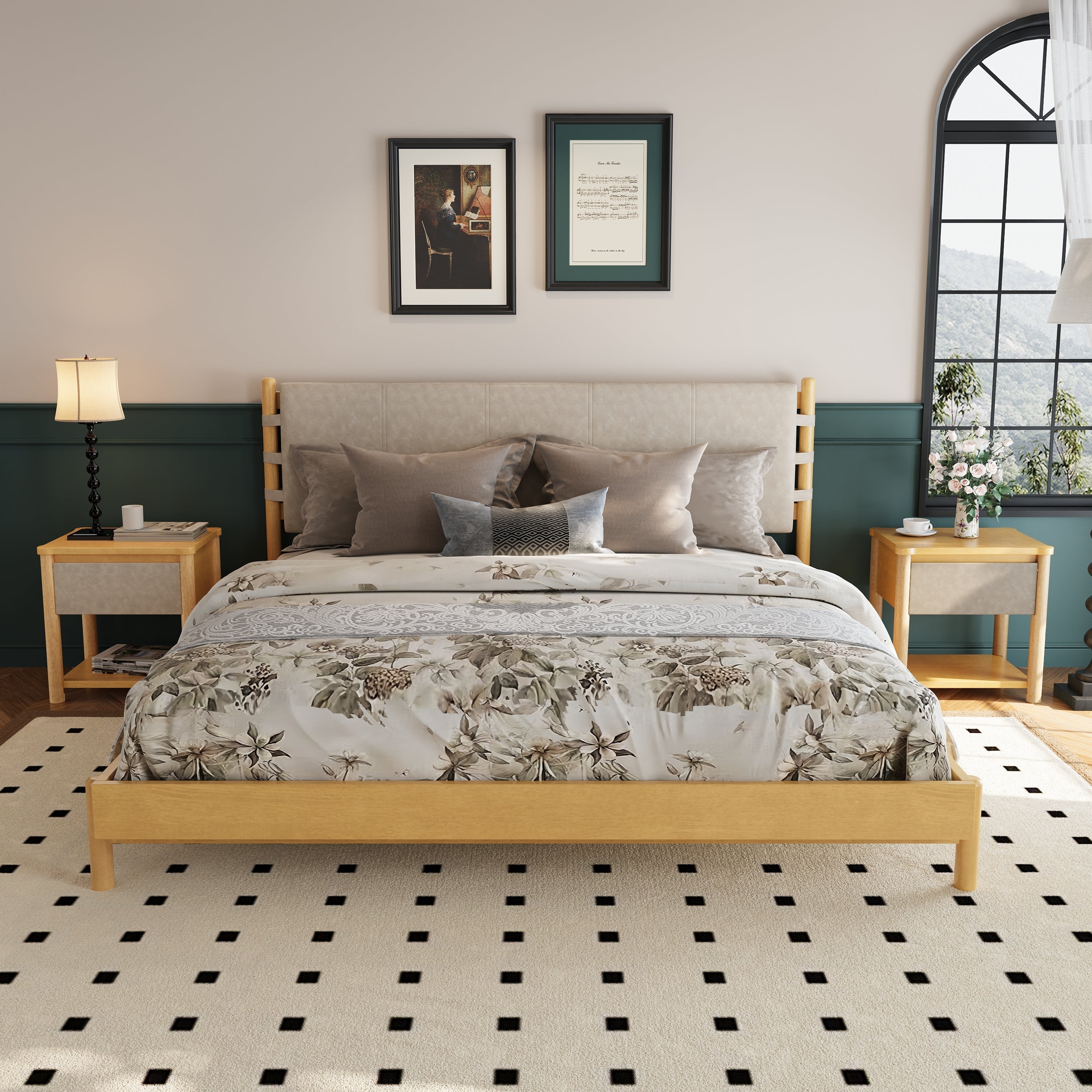Beige Wood Platform Bed with Headboard and Matching Bedside Tables - 3 Pc Set