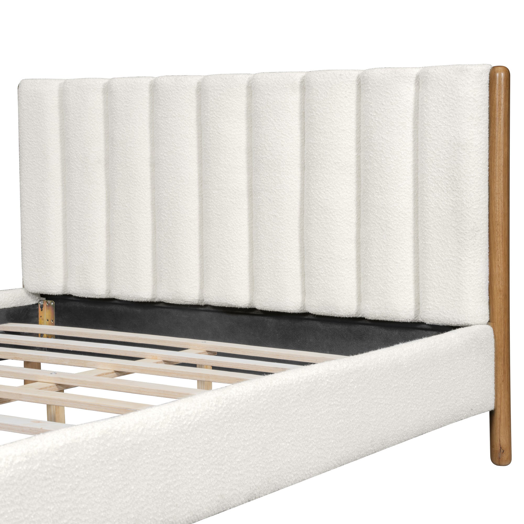 Queen Size Bed Frame with Boucle Upholstered Headboard and Solid Wooden Legs - Off White