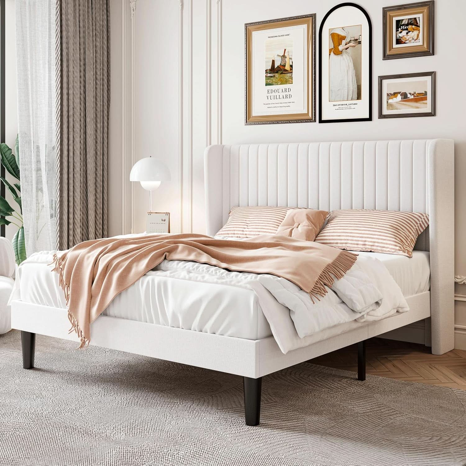 Upholstered Full Size Bed Frame With Wingback Headboard in White Velvet