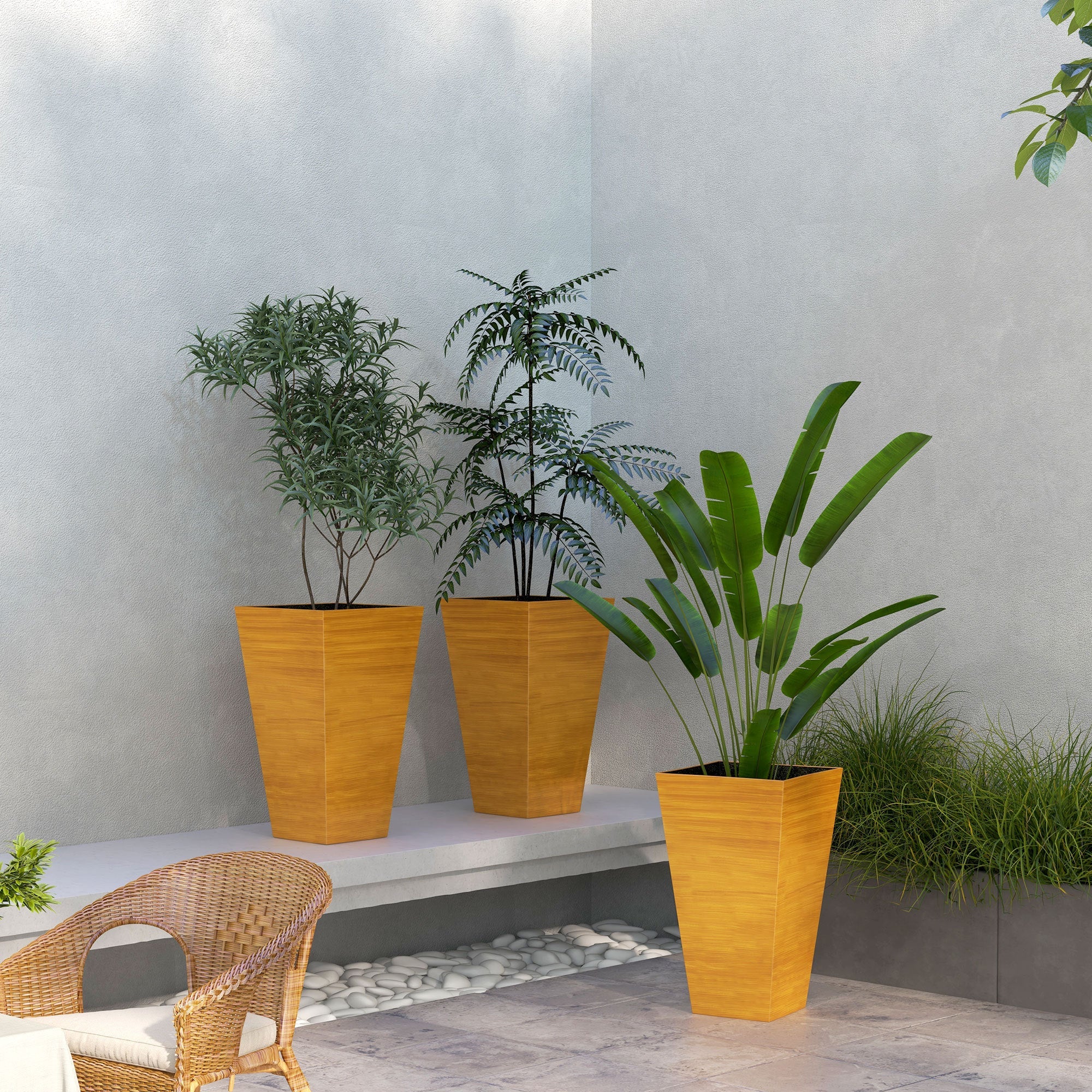 Set of 3 Outdoor Planters in Faux Wood Finish