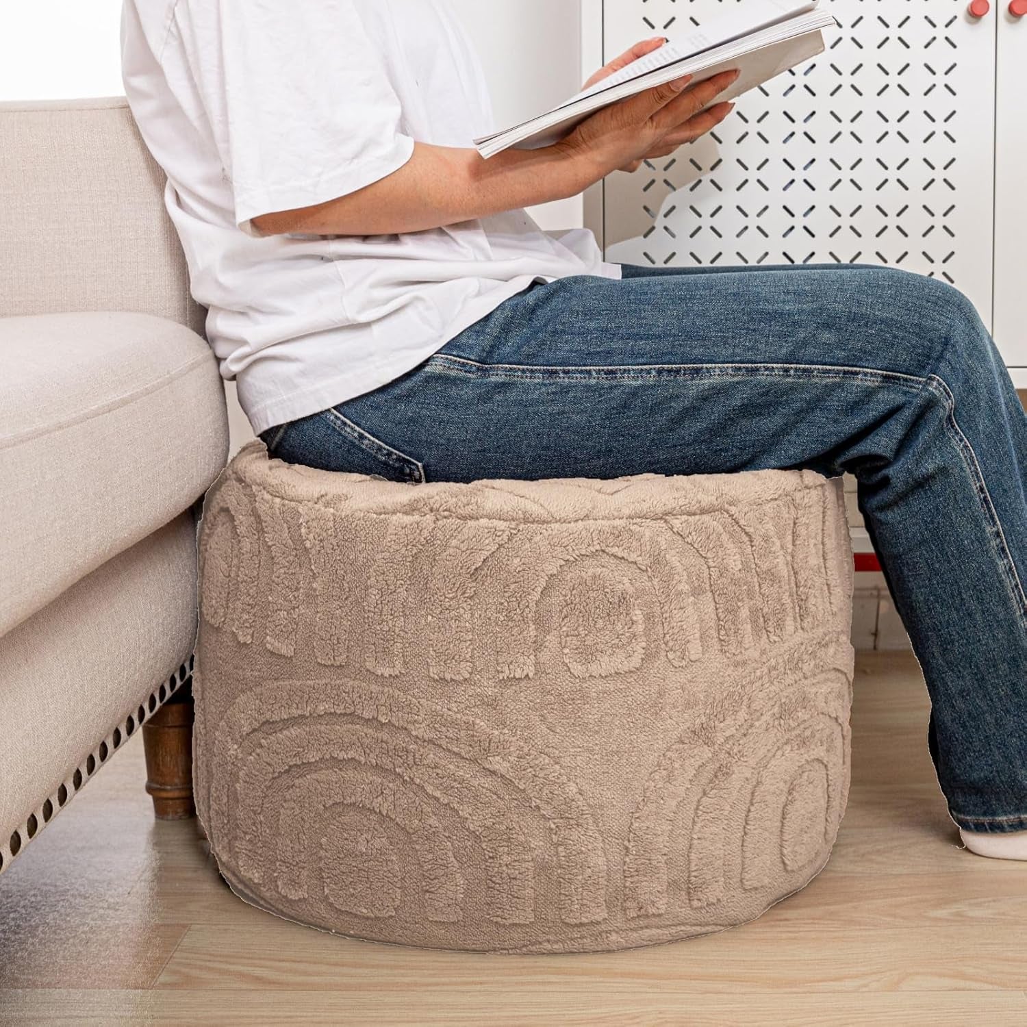 Round Ottoman Pouf 20x20x14 Inches in Khaki