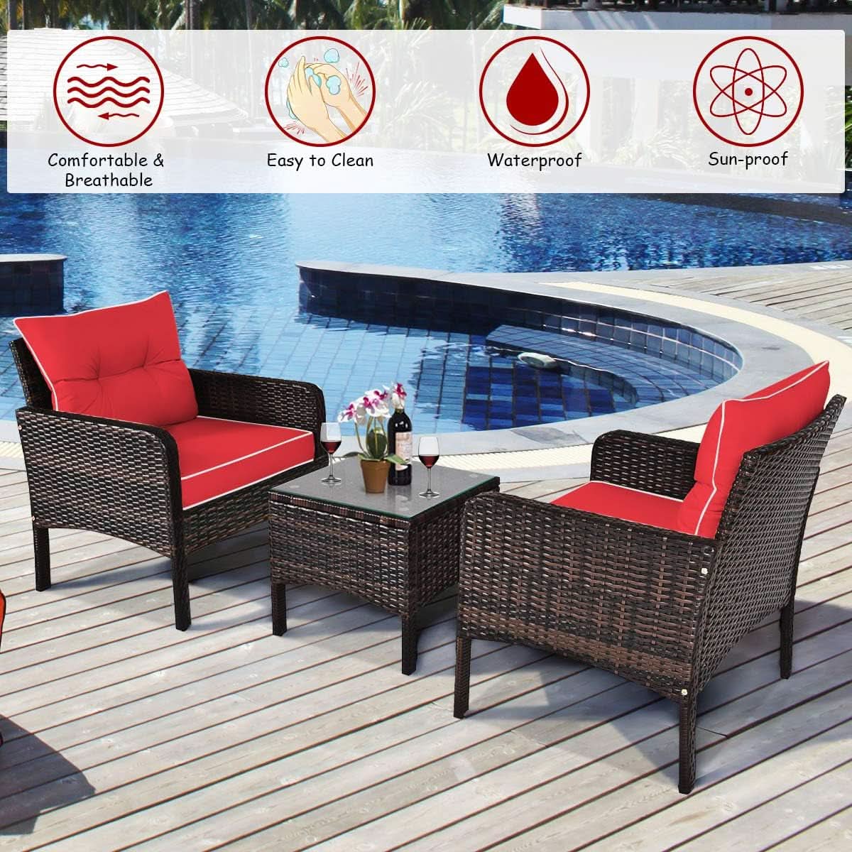 3 Piece Wicker Patio Conversation Set With Red Cushions