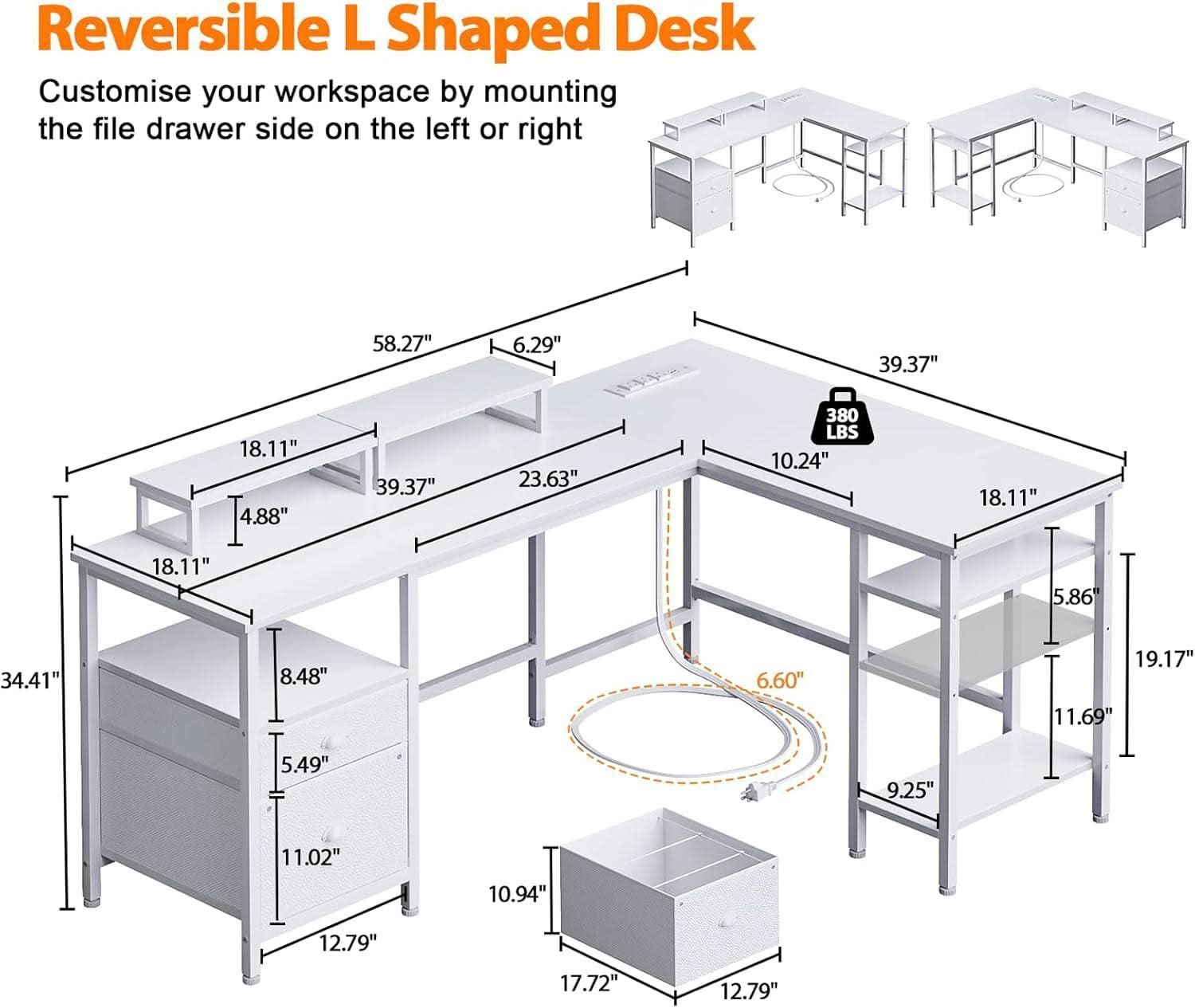 White 59" Corner Workstation with Power Outlets