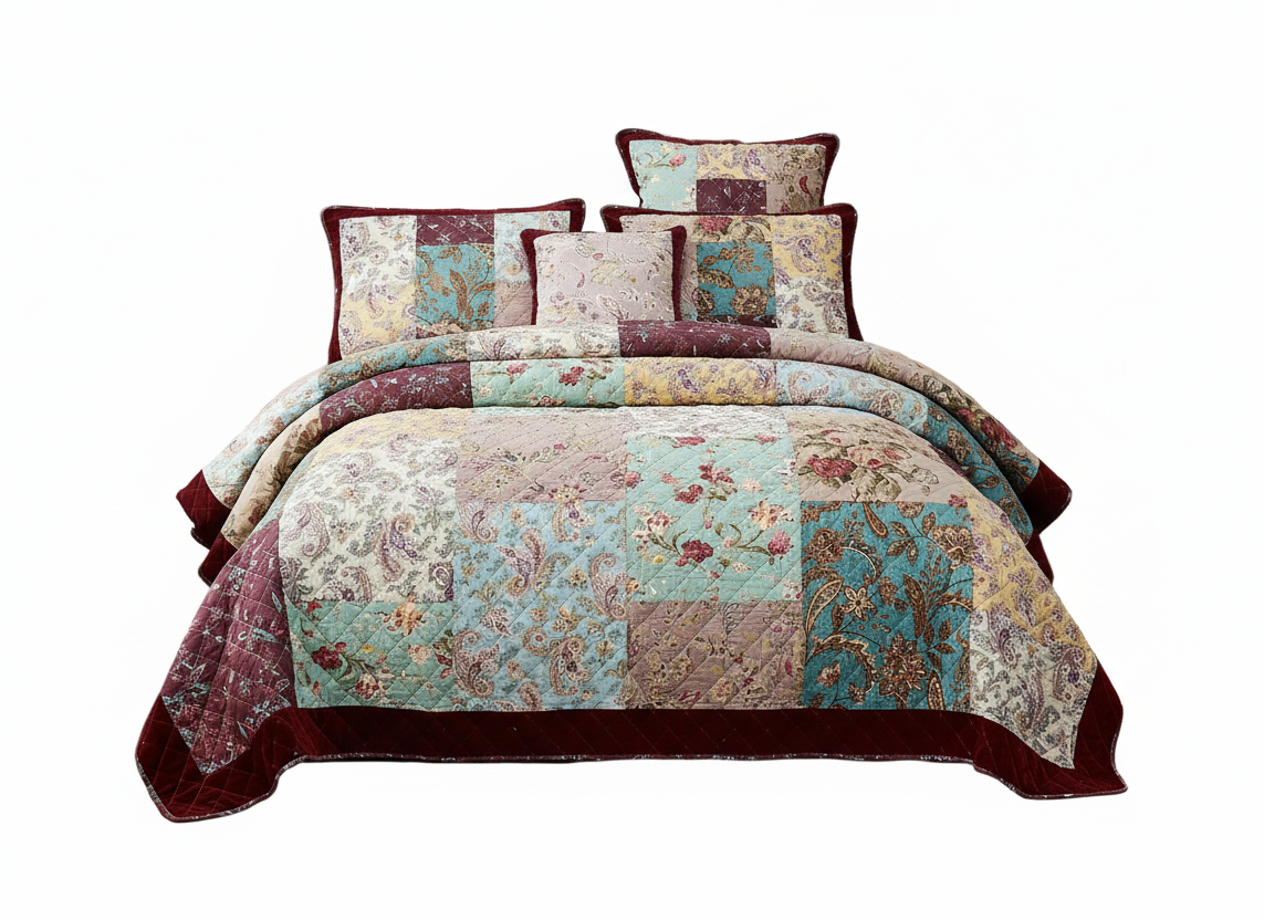 Bohemian Burgundy Velvet Trim Floral Paisley Patchwork Cotton Bedding