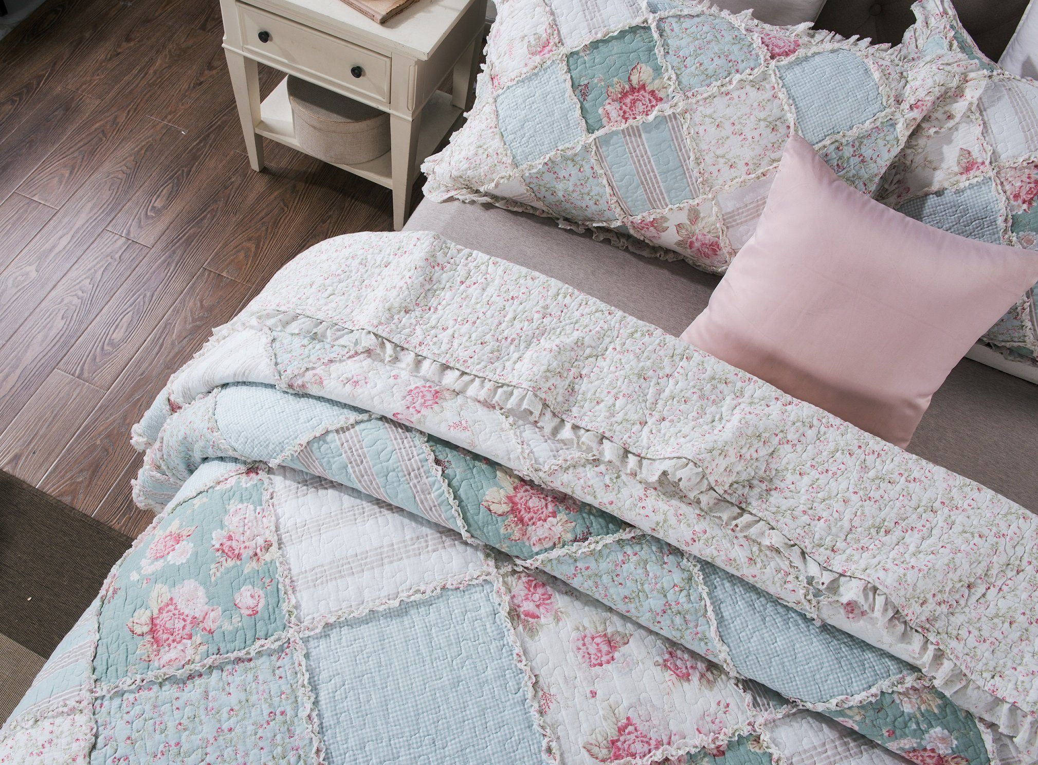 Hint of Mint Floral Pastel Cotton Patchwork Ruffle Quilted Bedding Set