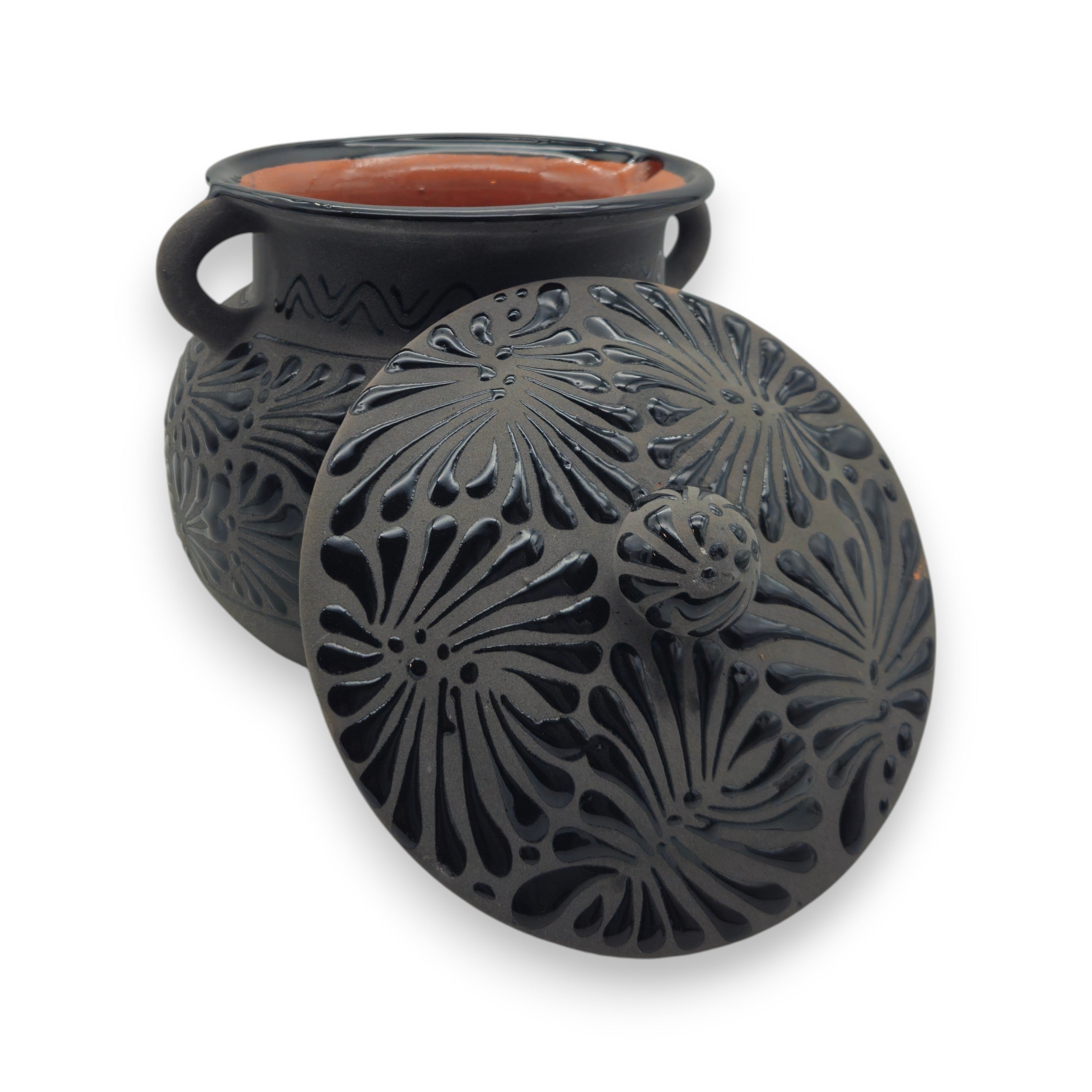 Black Talavera Bean Pot with Lid | Mexican Clay Frijolero
