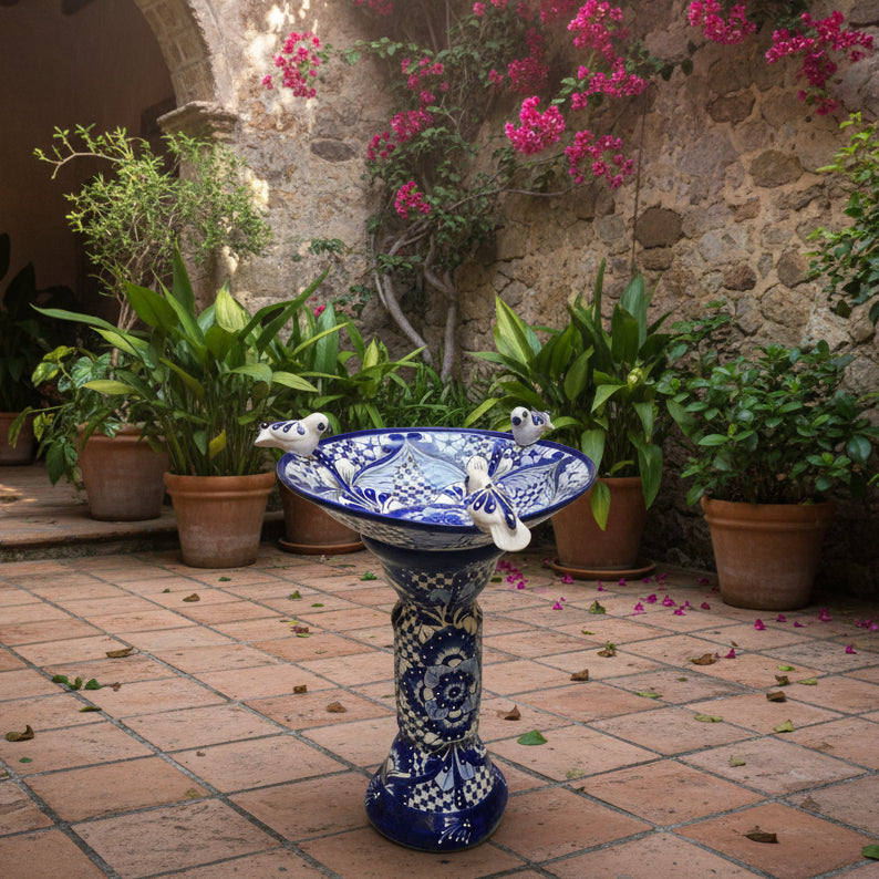 Blue & White Talavera Bird Bath with Rim Birds | Mexican Garden Art
