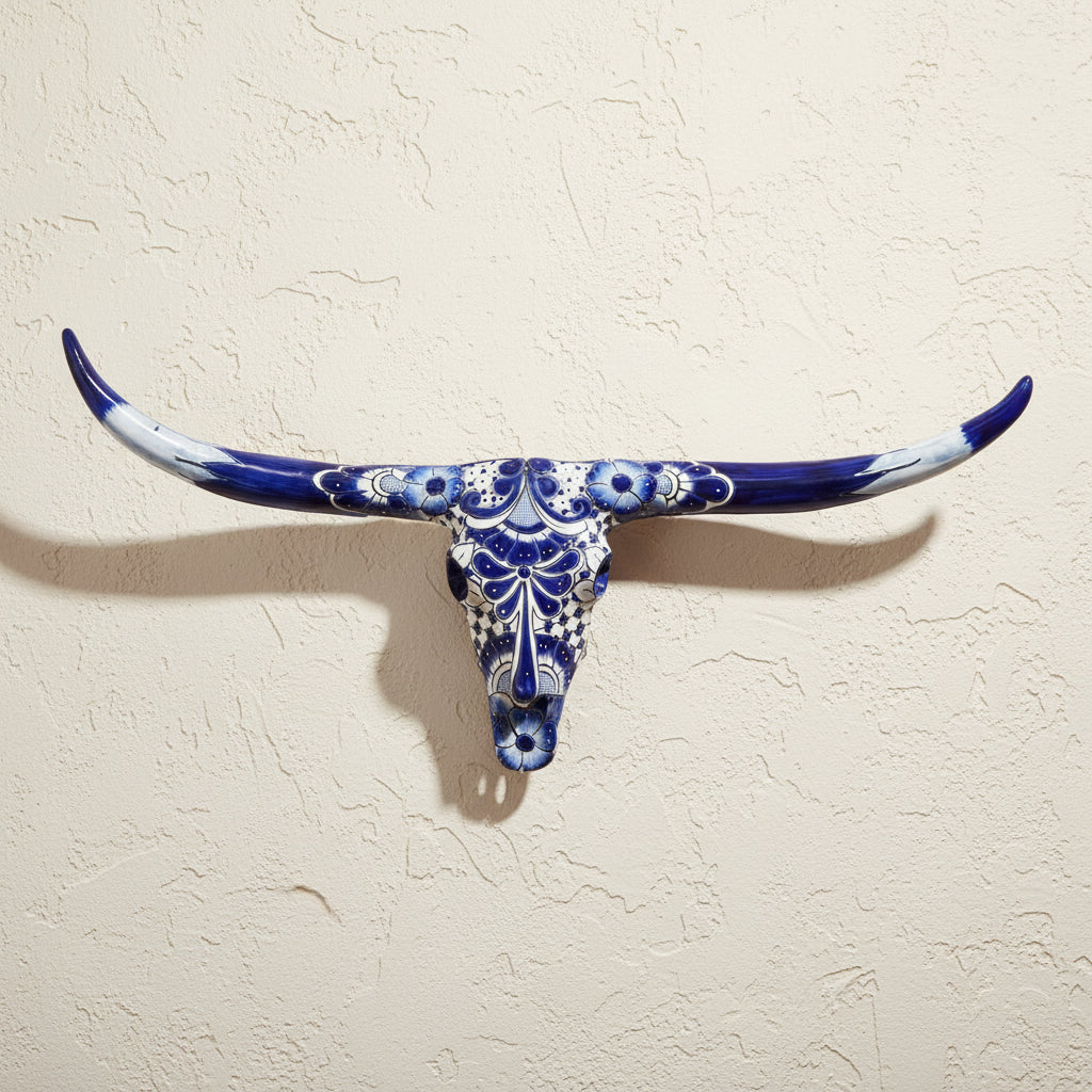Talavera Longhorn Skull | Blue & White Mexican Wall Art