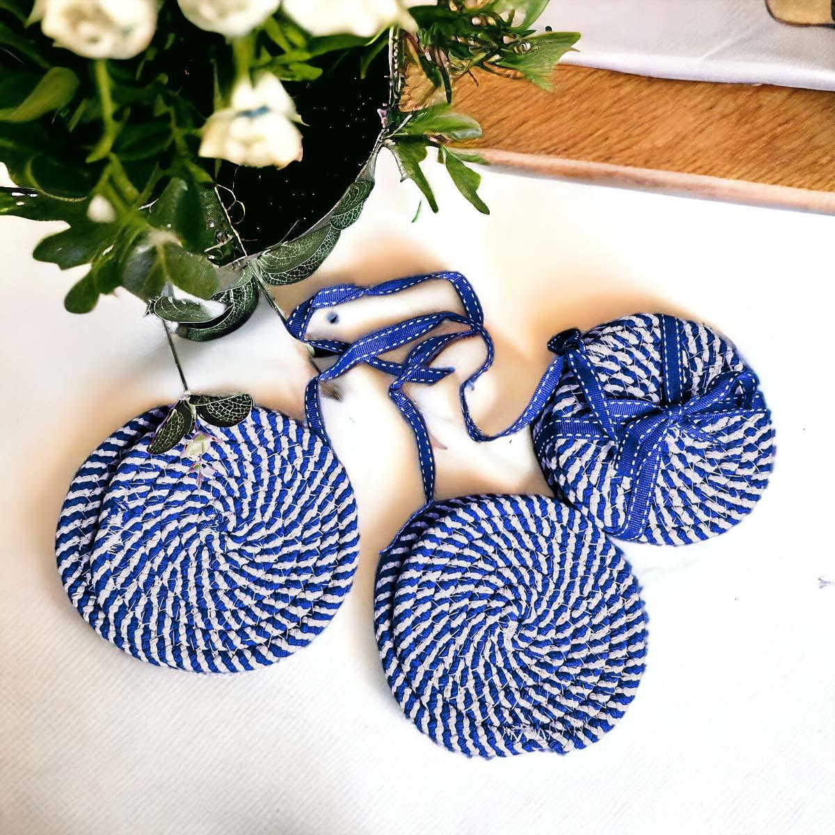 Blue and White Braided Coasters - Set of 4