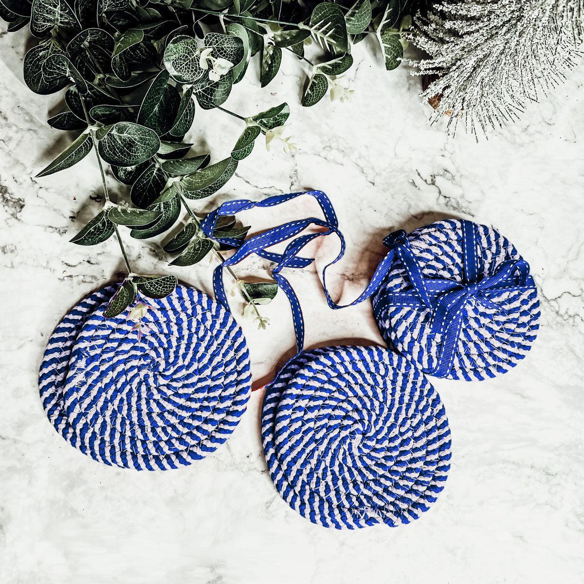 Blue and White Braided Coasters - Set of 4