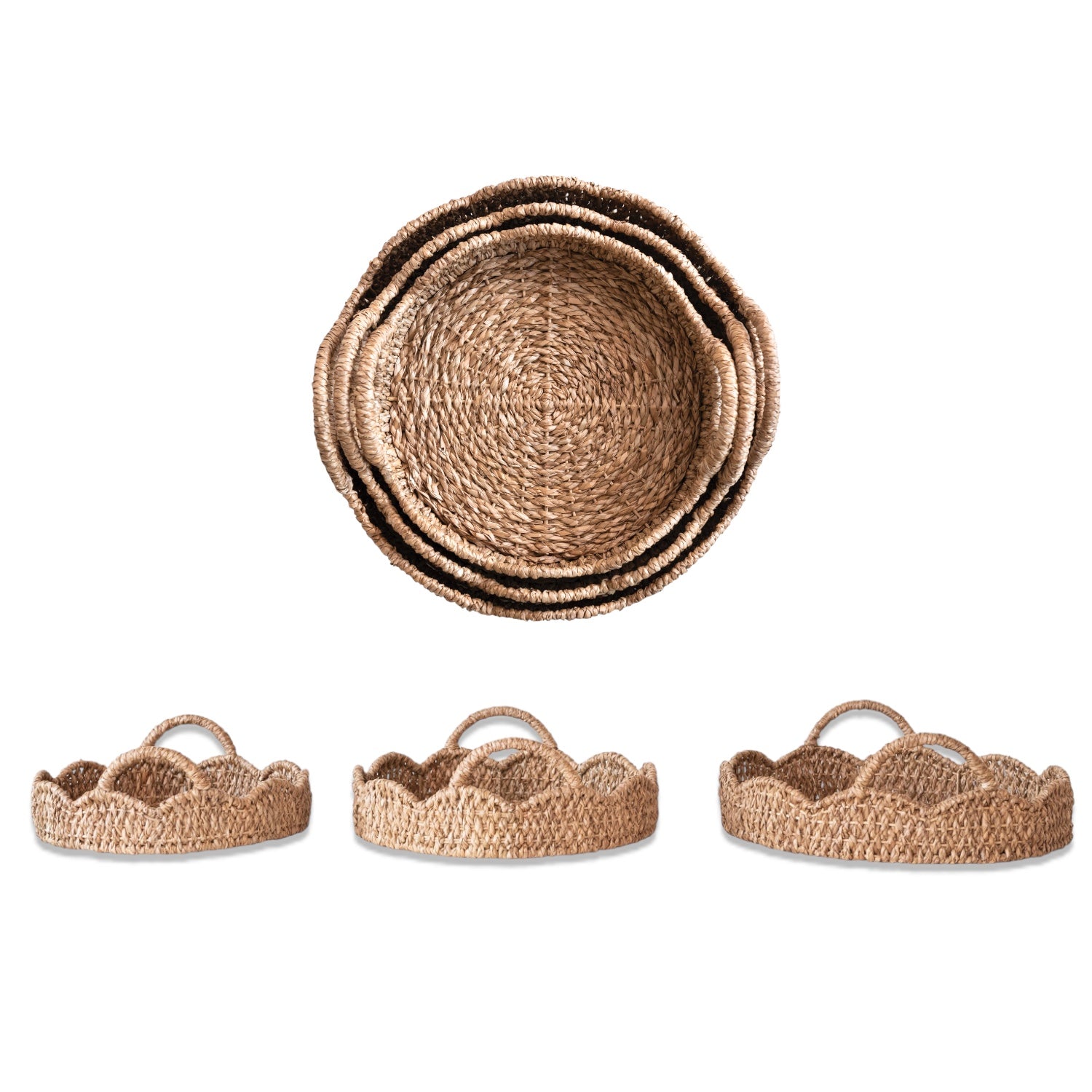 Braided Bankuan & Rattan Scalloped Tray with Handles - 3 Sizes