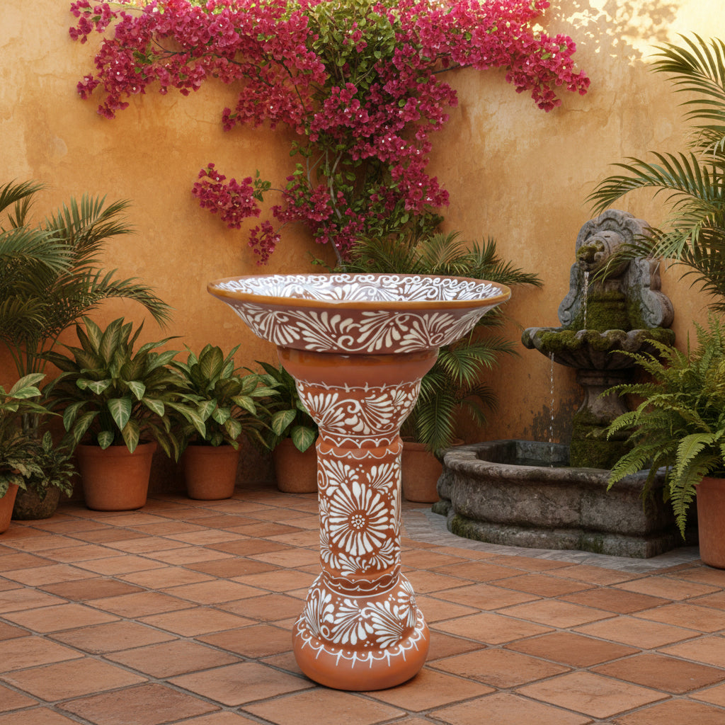 Brown & White Talavera Bird Bath | Handmade Garden Accent