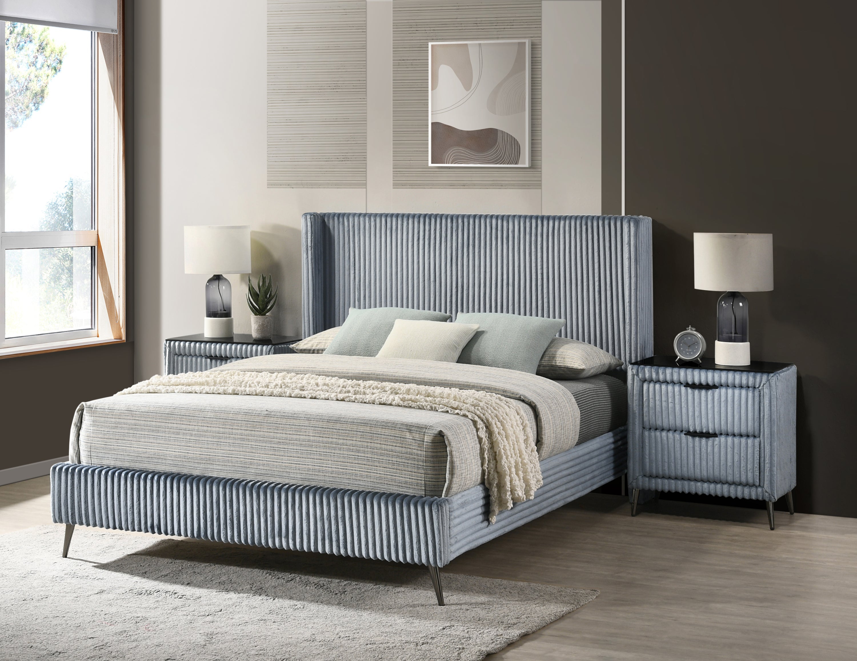 Mavela Wide Wale Corduroy Upholstery Panel Queen Bed with 2 Nightstands, Blue
