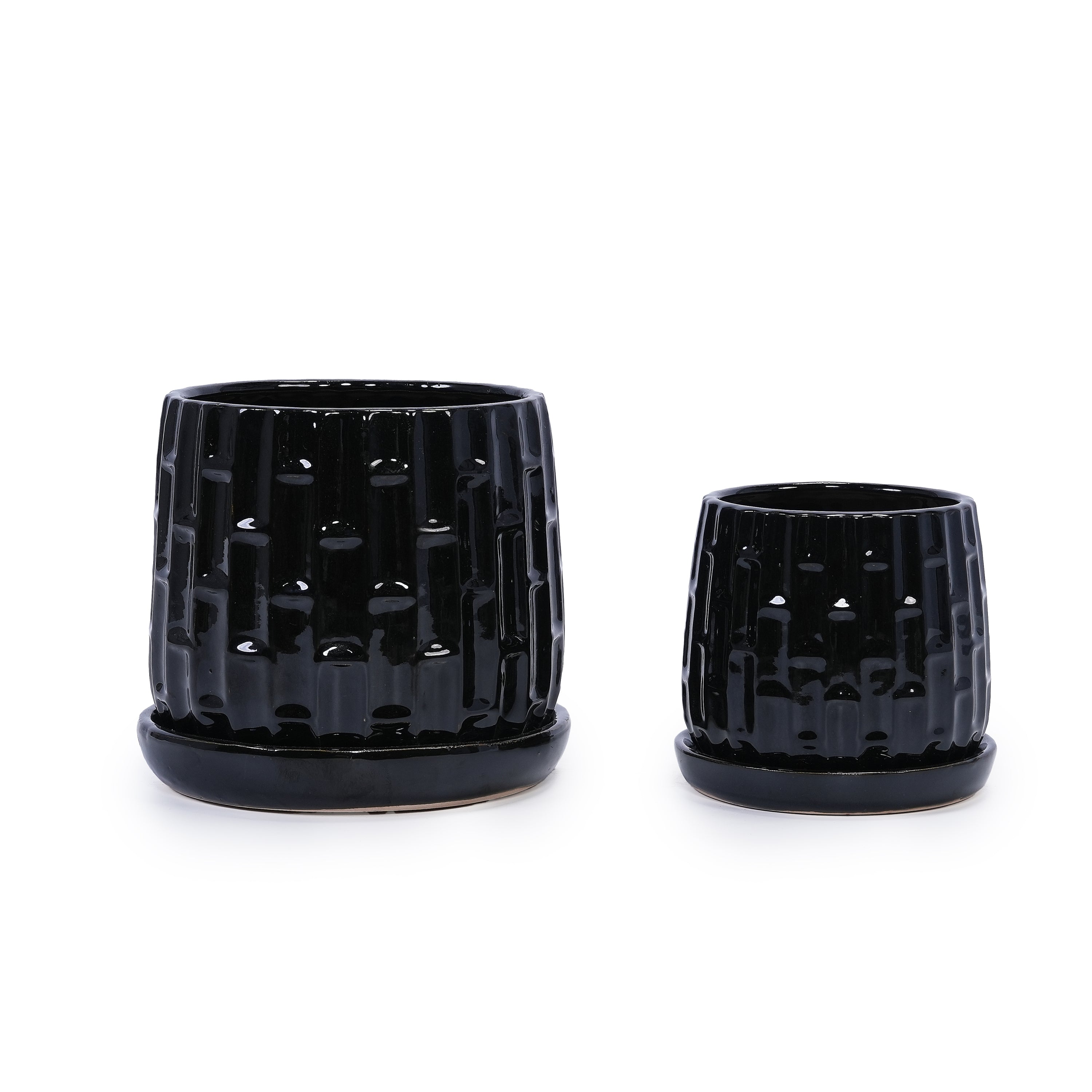 Set of 2 Patterned Ceramic Flowerpots - Black