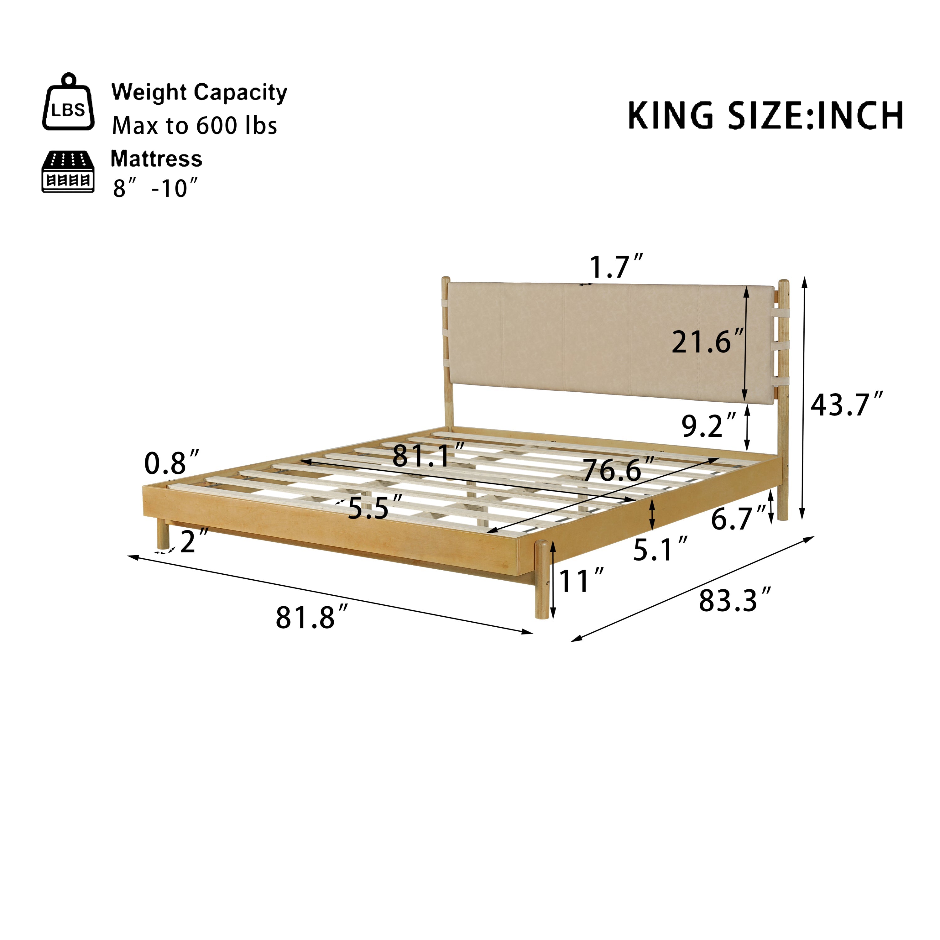 Beige Wood Platform Bed with Headboard and Matching Bedside Tables - 3 Pc Set