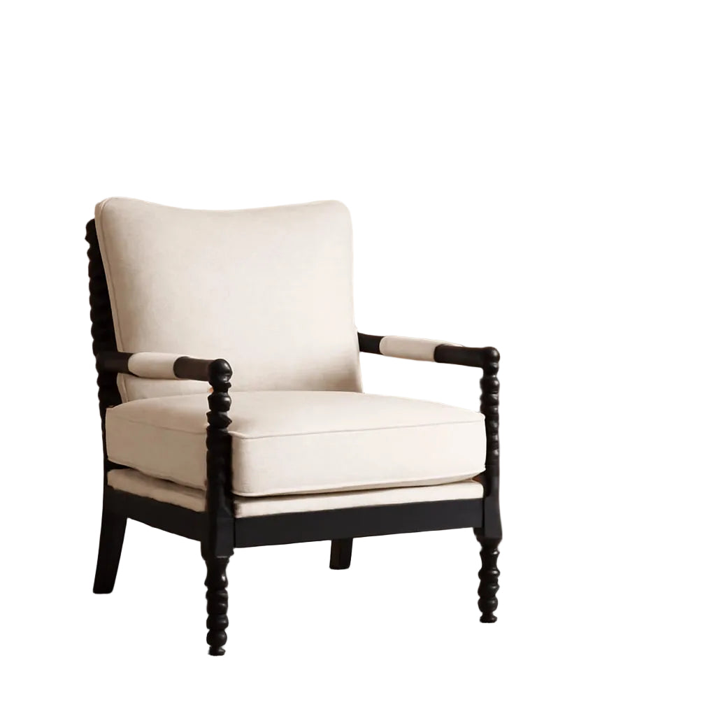 European Spindle Armchairs with Linen Cushions - 2 pc Set