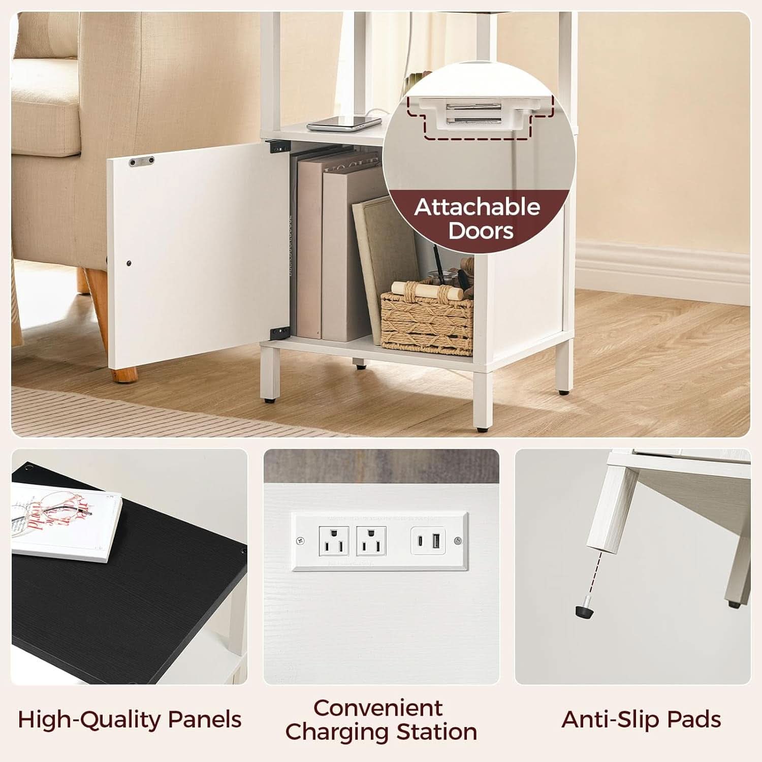 White Farmhouse Style Nightstand With USB Type C Ports