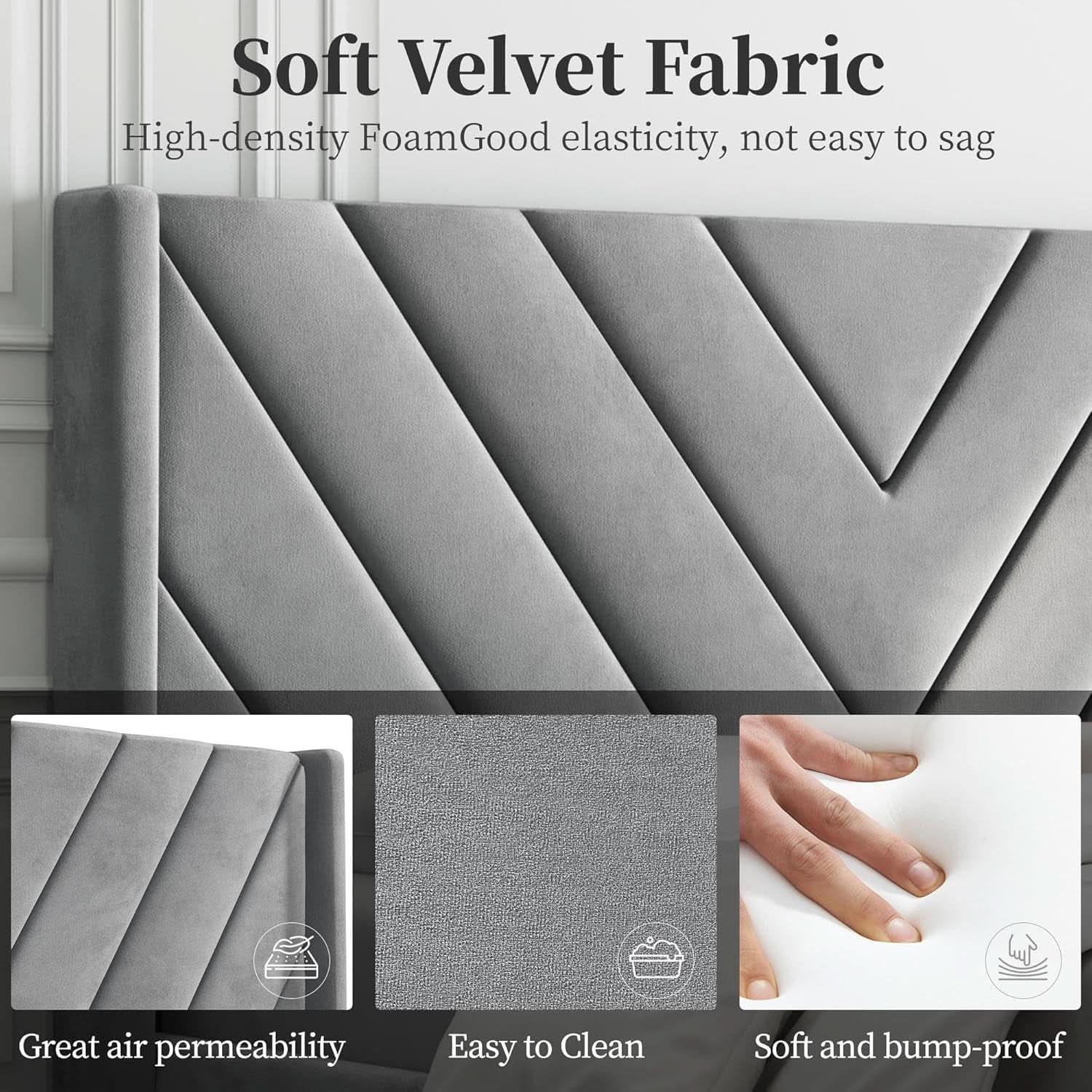 Queen Upholstered Bed Frame With Winged Tufted Headboard in Light Gray Velvet