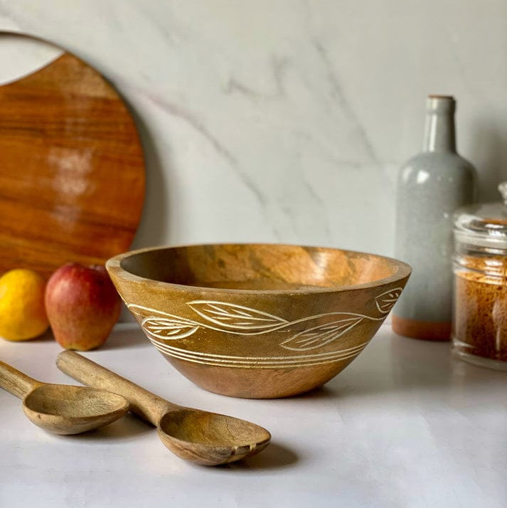 Carved Pattern Mango Wood Salad Bowl/Servers - 3 Pc Set