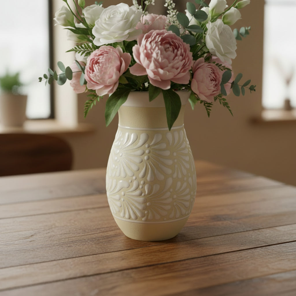 Cream & White Talavera Vase | Handmade Floral Pottery