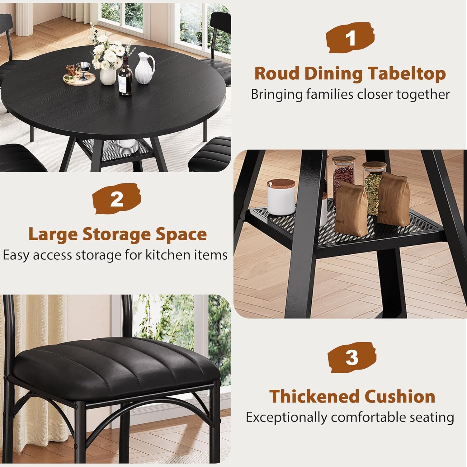 Round Dining Set - 5 pc, Black