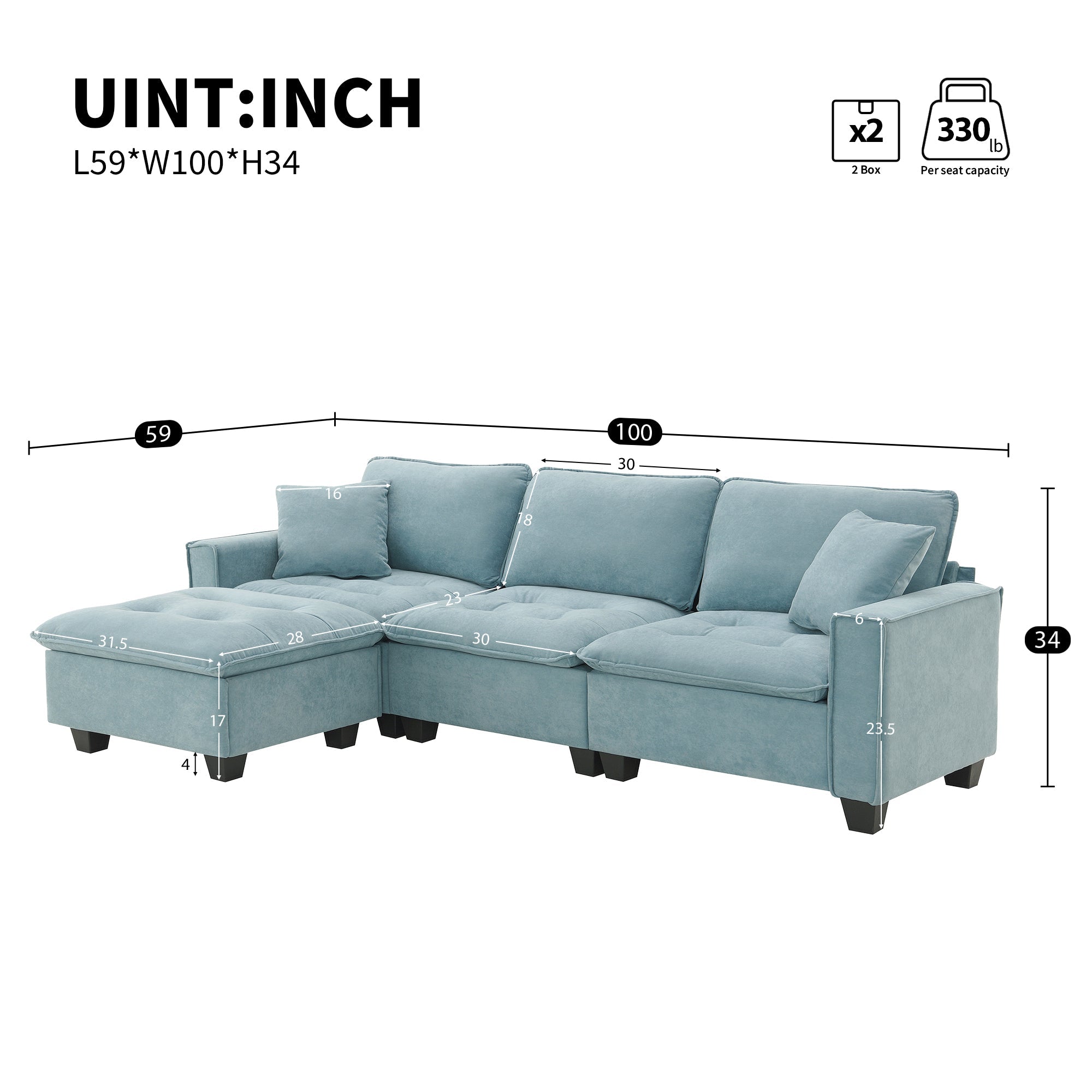 Modern Reversible Sofa Sectional in Sky Blue