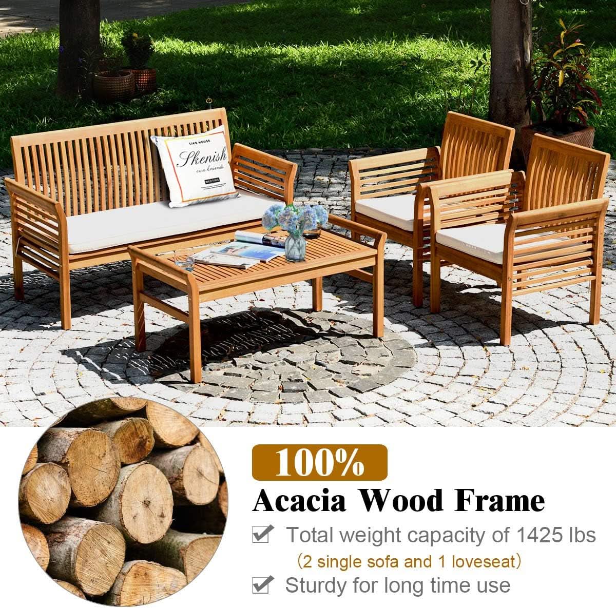 Outdoor Acacia Wood 4 Piece Chat Set With Off-White Cushions and Coffee Table