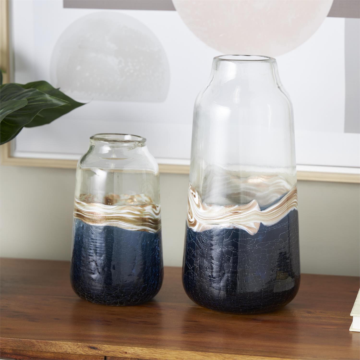 Dark Blue Glass Abstract Textured Decorative Vases