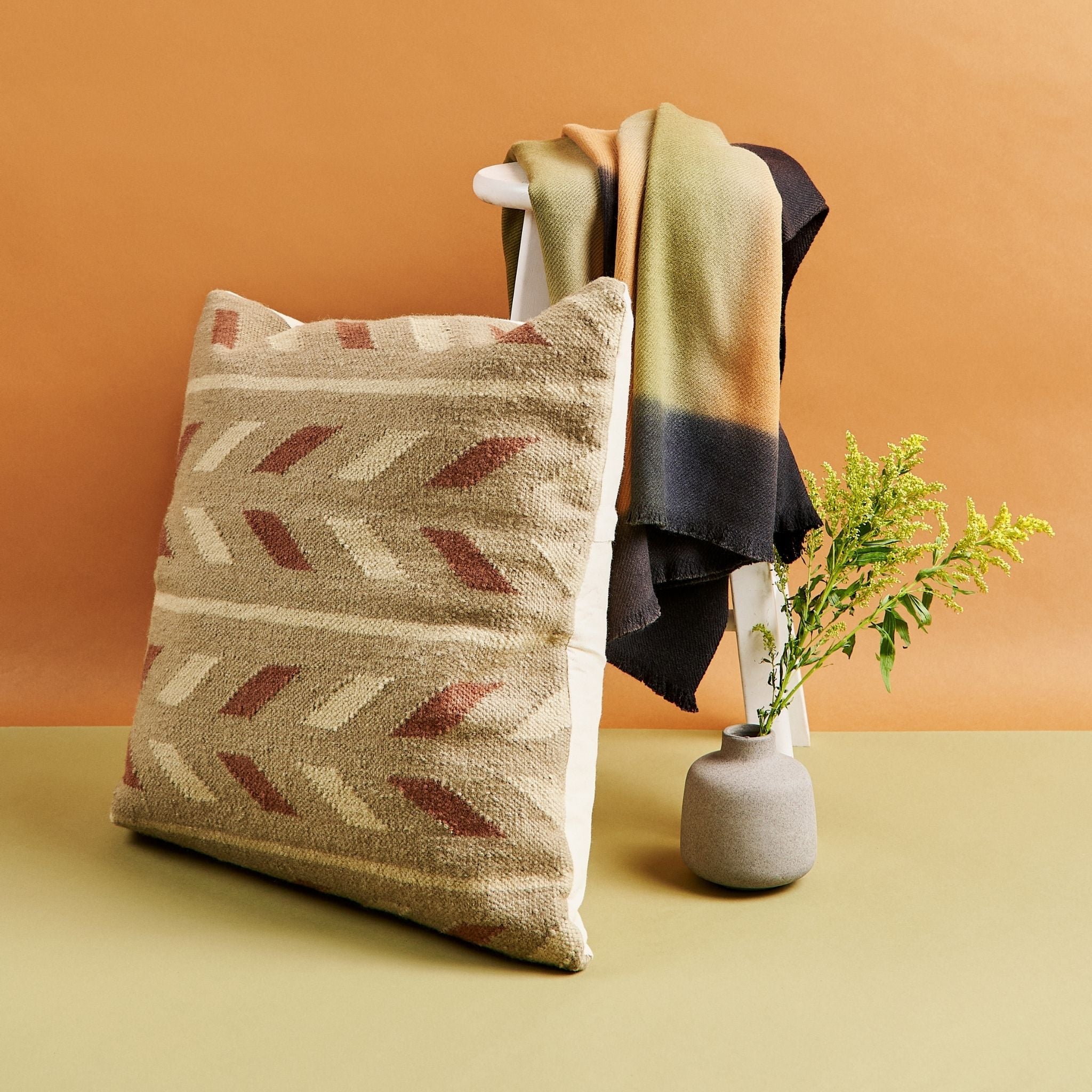 Ero Green Brown Geometric Pattern Hand-woven Jute Cotton Large Pillow